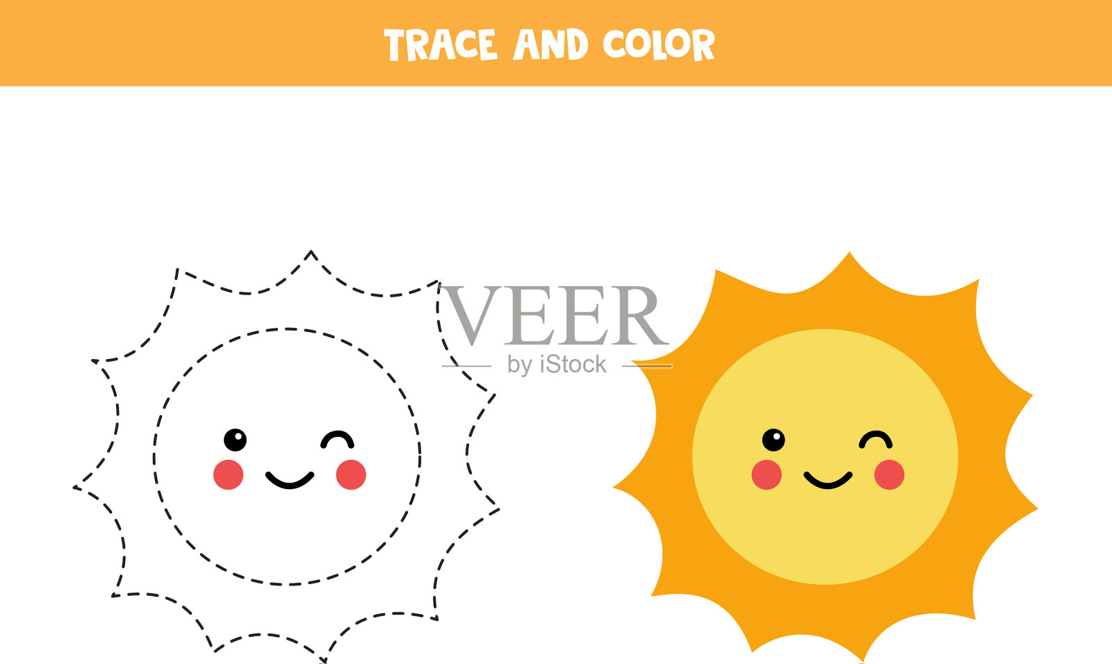 描摹和颜色可爱可爱的太阳工作表插画图片素材