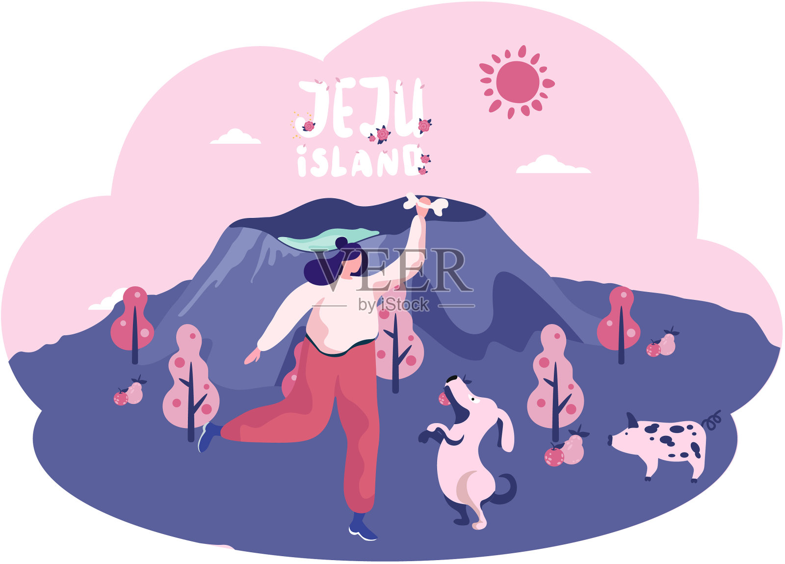 女孩和狗在岛上户外玩耍插画图片素材