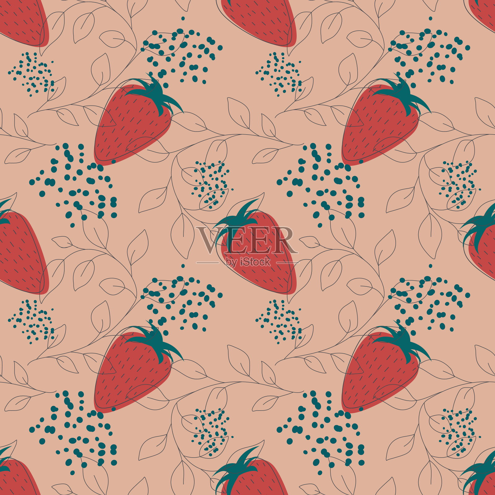 红色草莓上米色背景的水果插画图片素材