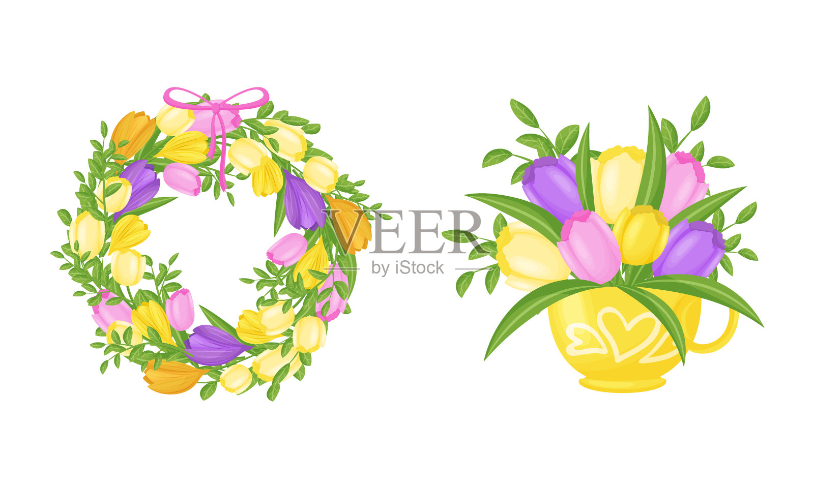 一束花园花放在陶瓷杯和插画图片素材