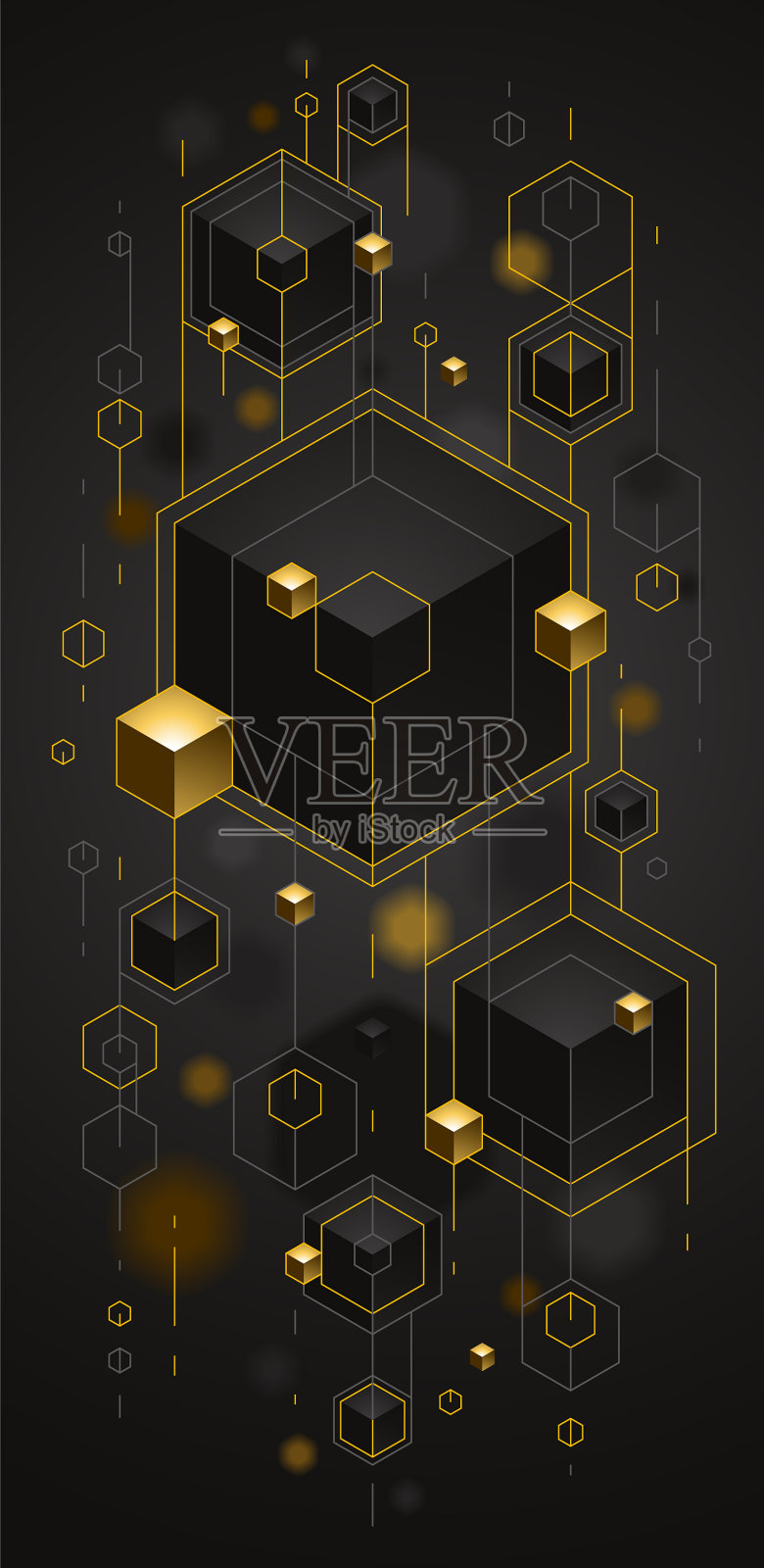 立方体由黄金元素、线和点组成插画图片素材
