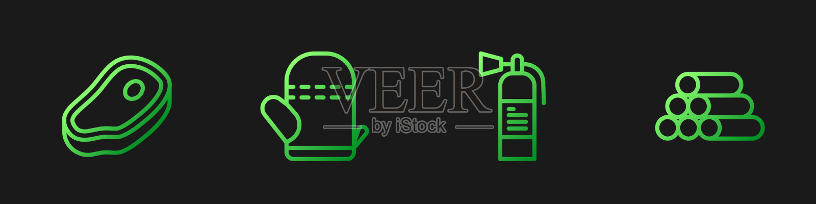 设置灭火器线牛排肉烤箱手套图标素材