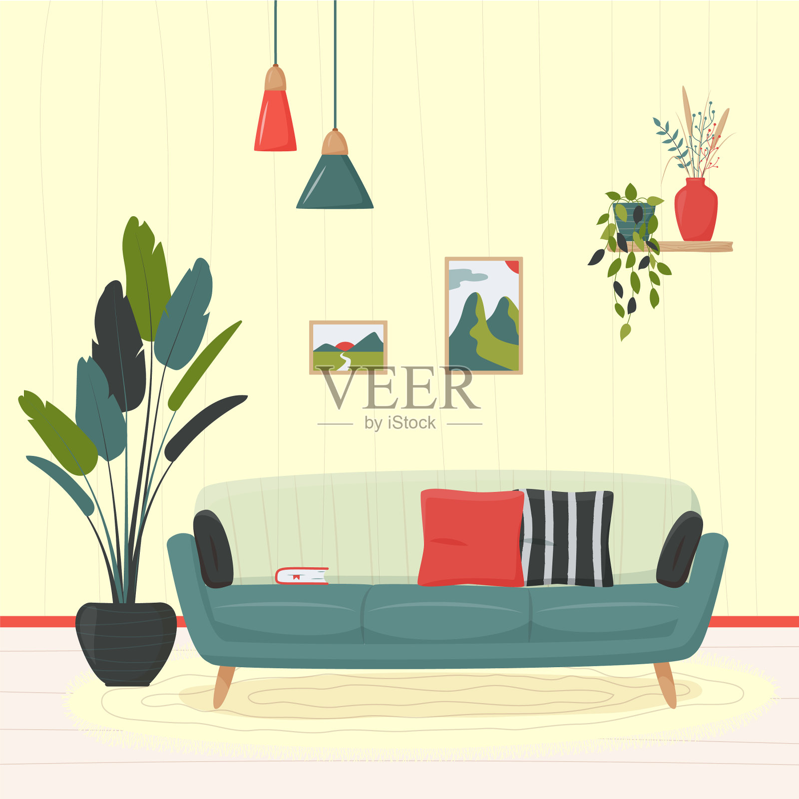 可爱的极简主义室内蓝色沙发与枕头插画图片素材