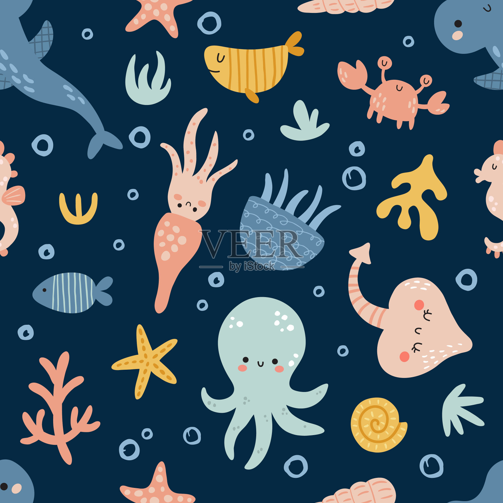 无缝图案的可爱海洋生物插画图片素材