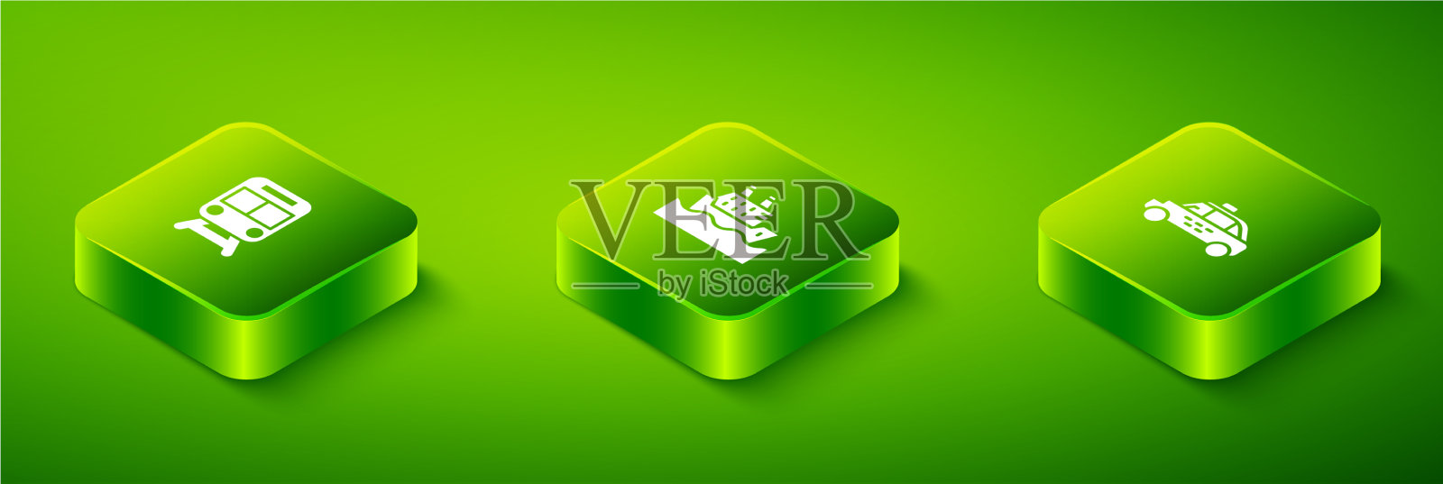 设置等距游轮、出租车和火车图标素材