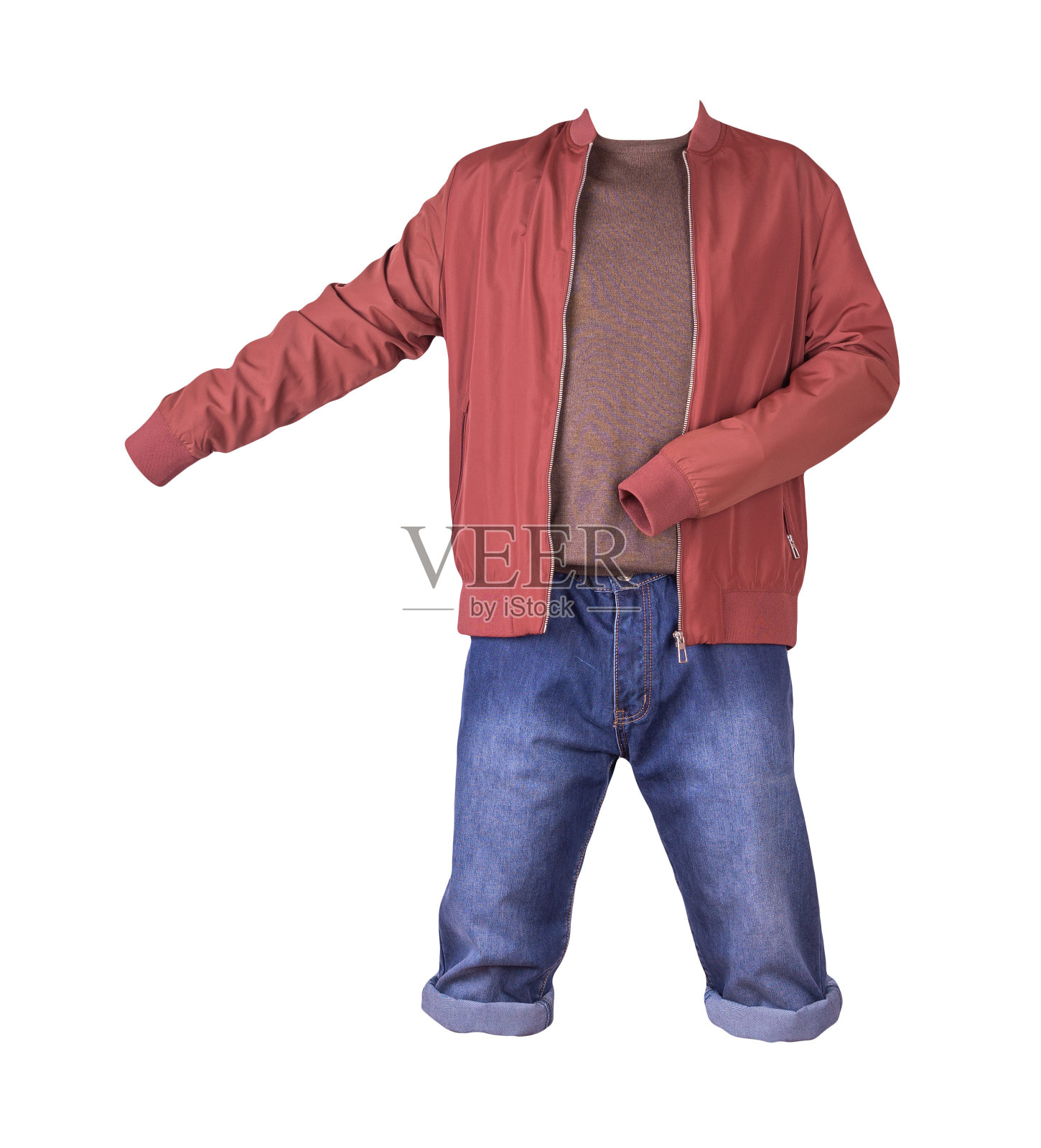 牛仔蓝短裤，毛衣和夹克上的拉链孤立的白色背景照片摄影图片