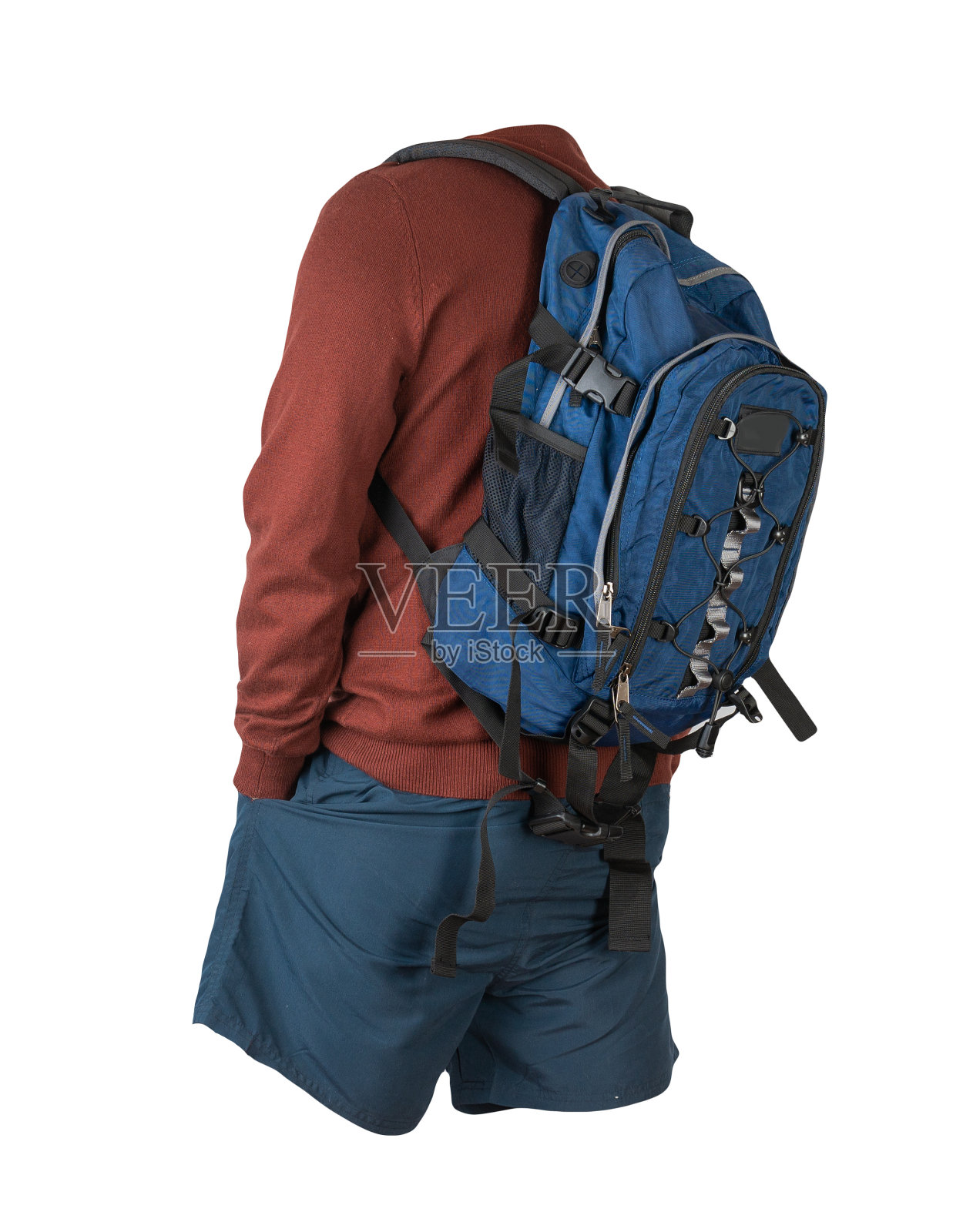 背包，短裤，毛衣孤立的白色背景。照片摄影图片