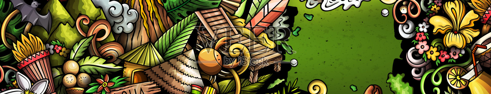 夏威夷手绘涂鸦横幅。卡通矢量详细传单。插画图片素材