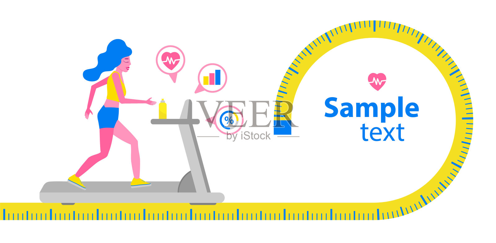 一个女人在跑步机上跑步。健身运动概念。插画图片素材