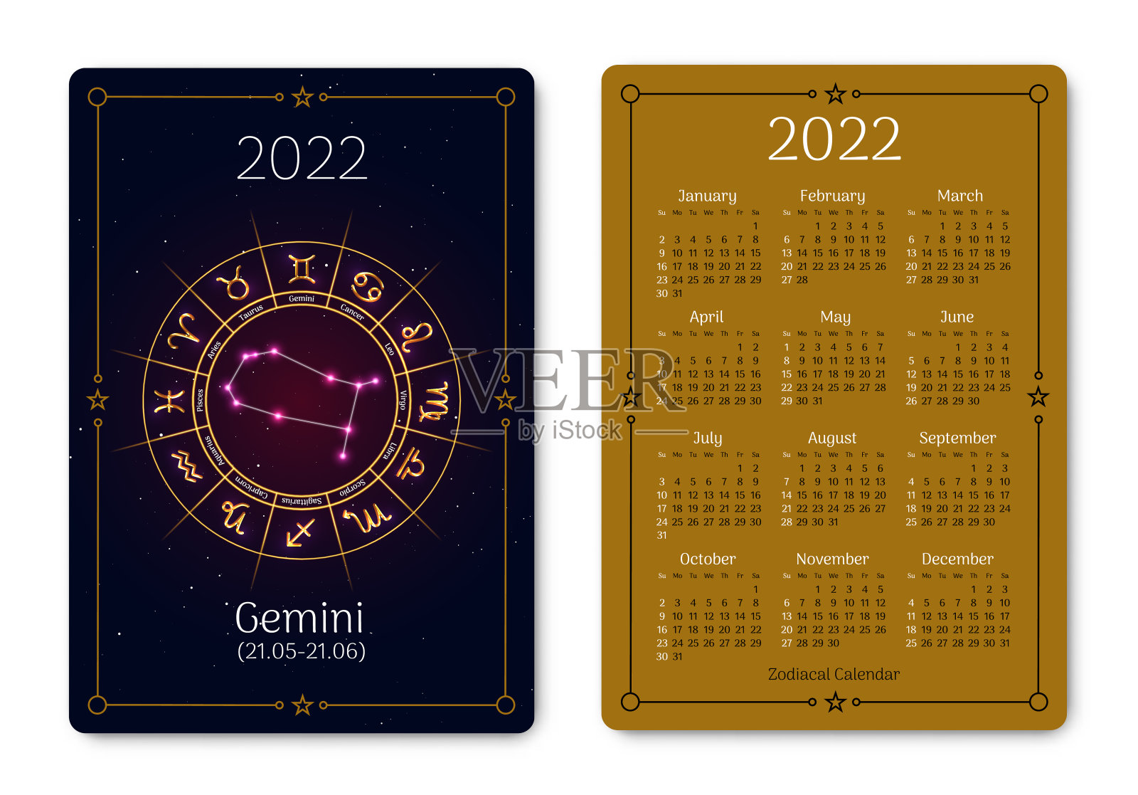 双子座口袋大小日历布局和星座设计模板素材