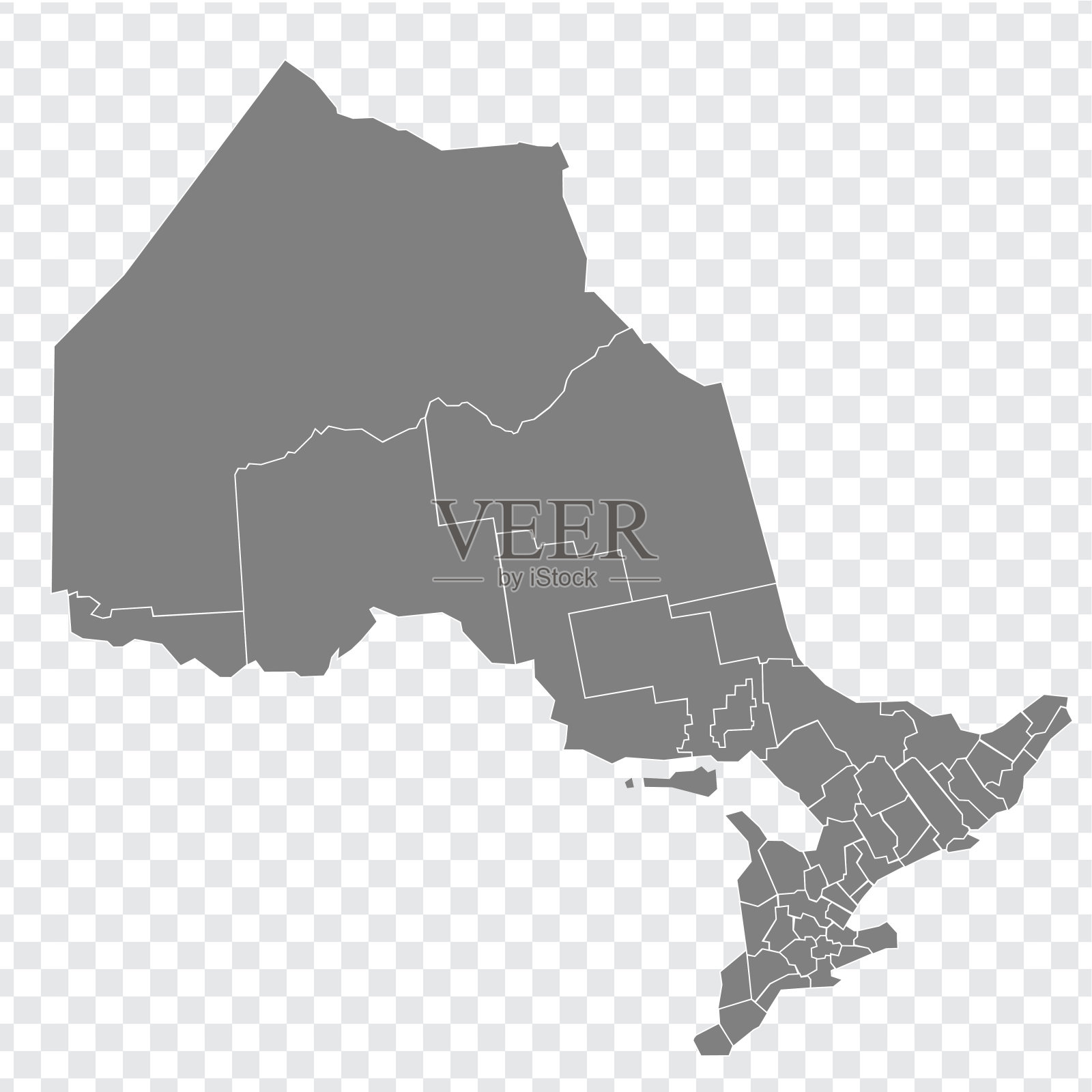 安大略地图上透明的背景。安大略省地图与城市灰色为您的网站设计，标志，应用程序，UI。加拿大。EPS10。插画图片素材