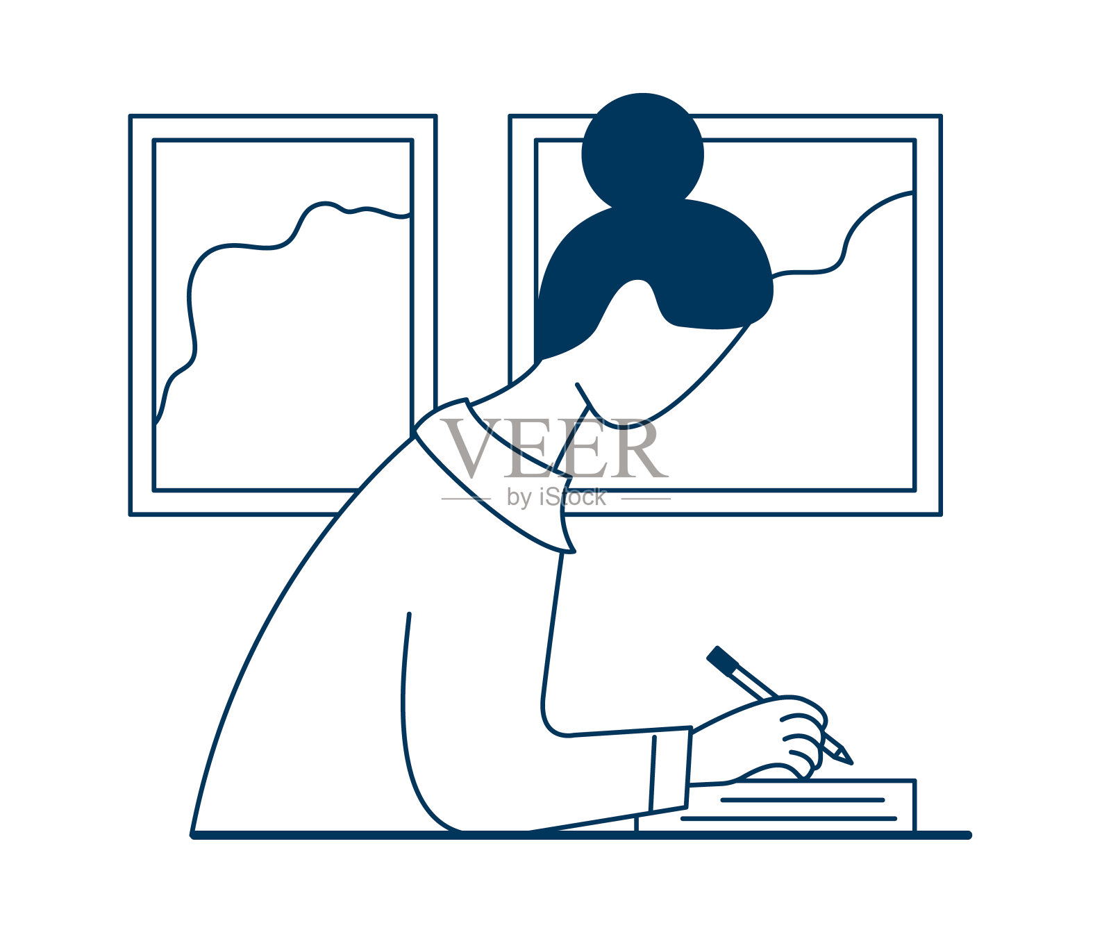 这个女孩坐在家里的桌子旁，远程在线学习或工作并在笔记本上写东西插画图片素材