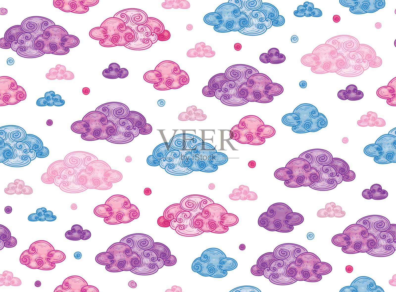 可爱的矢量无缝图案，彩云，孤立的白色。插画图片素材