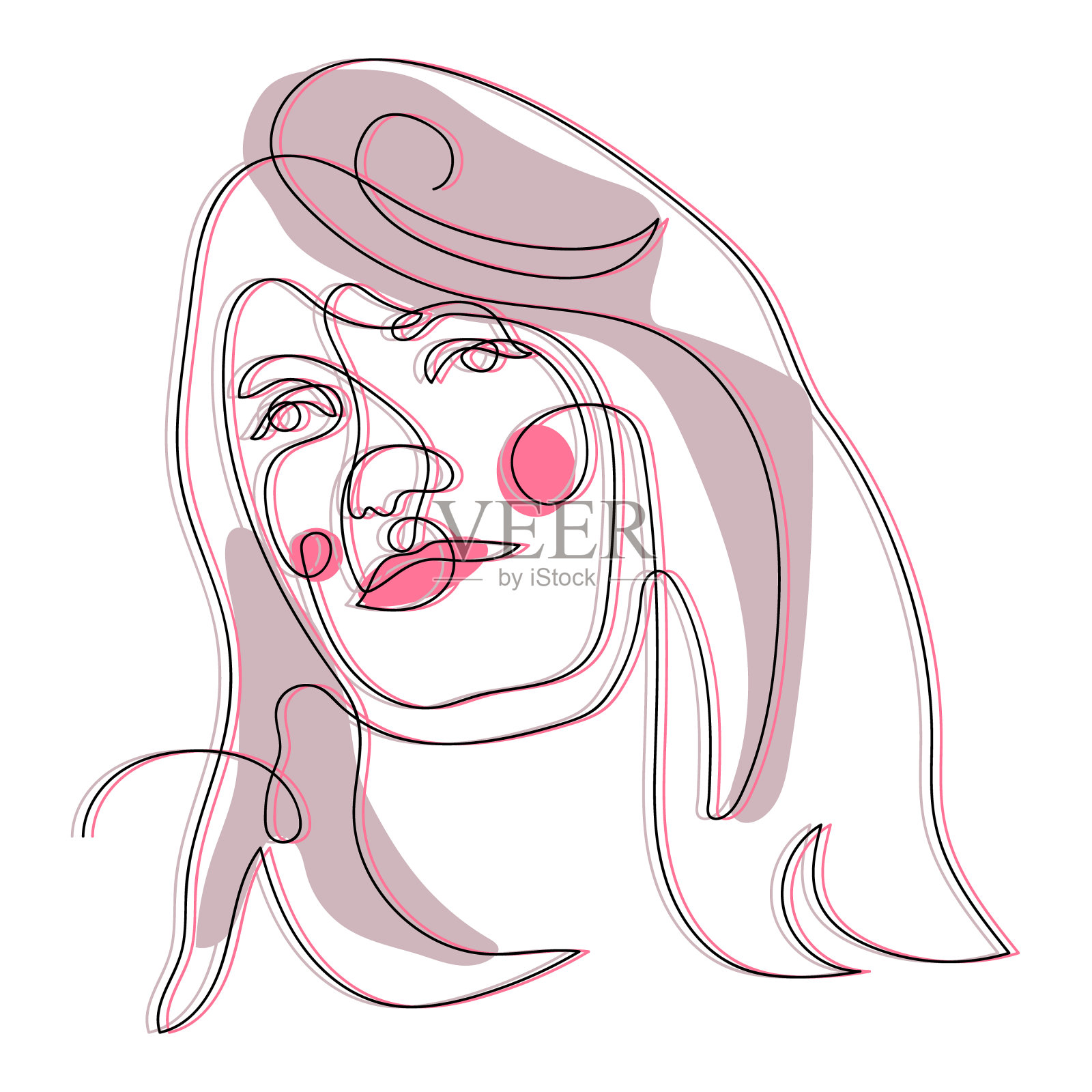 一个女孩的抽象画，用一条连续的线画，带有小故障的效果。矢量插图。适用于广告海报，服装印刷。插画图片素材