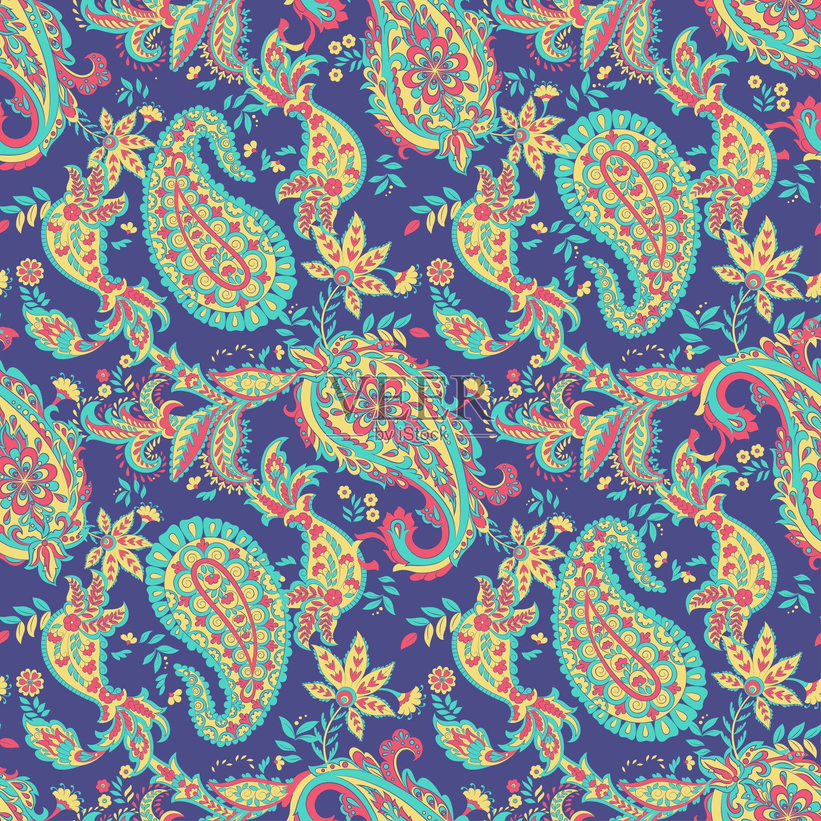 佩斯利花矢量插图在锦缎风格。无缝的背景插画图片素材