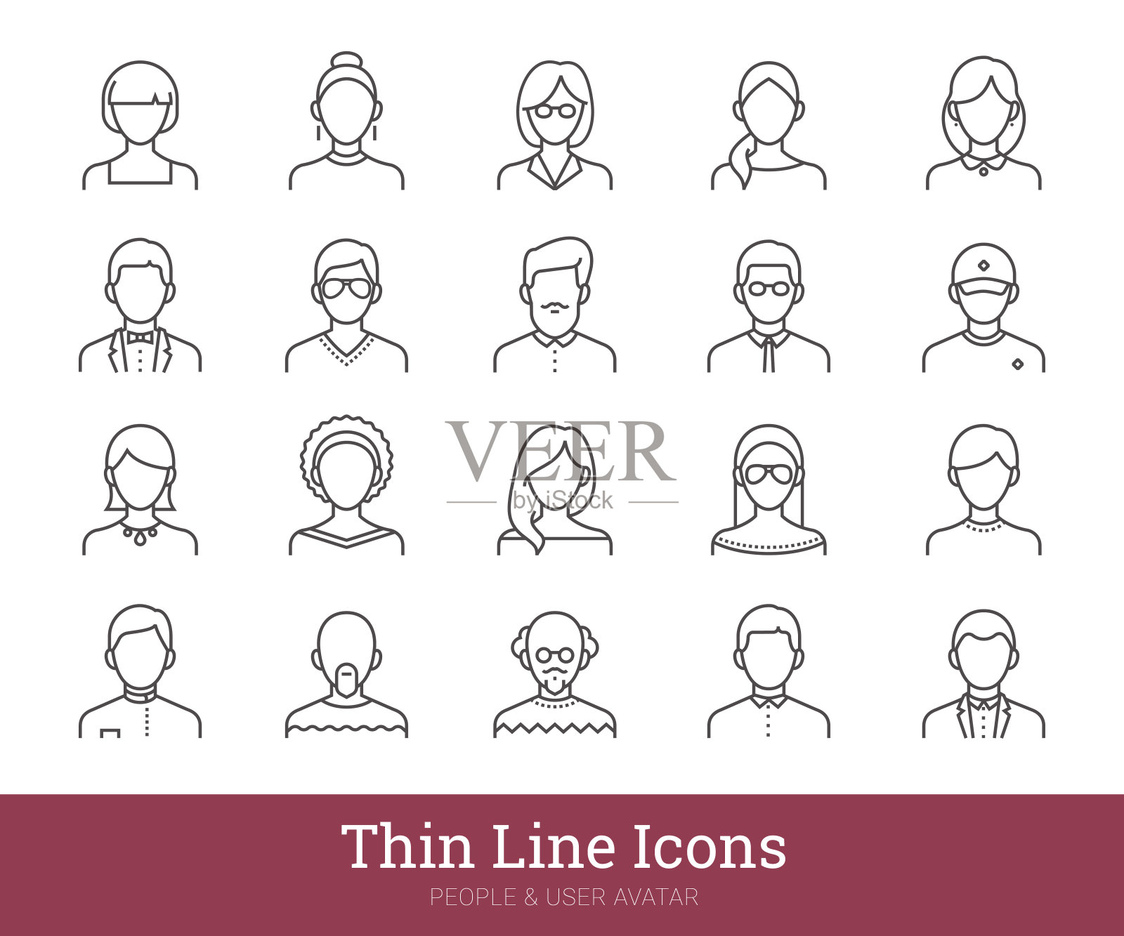 男人，女人肖像，人线性图标设置孤立的白色背景设计元素图片