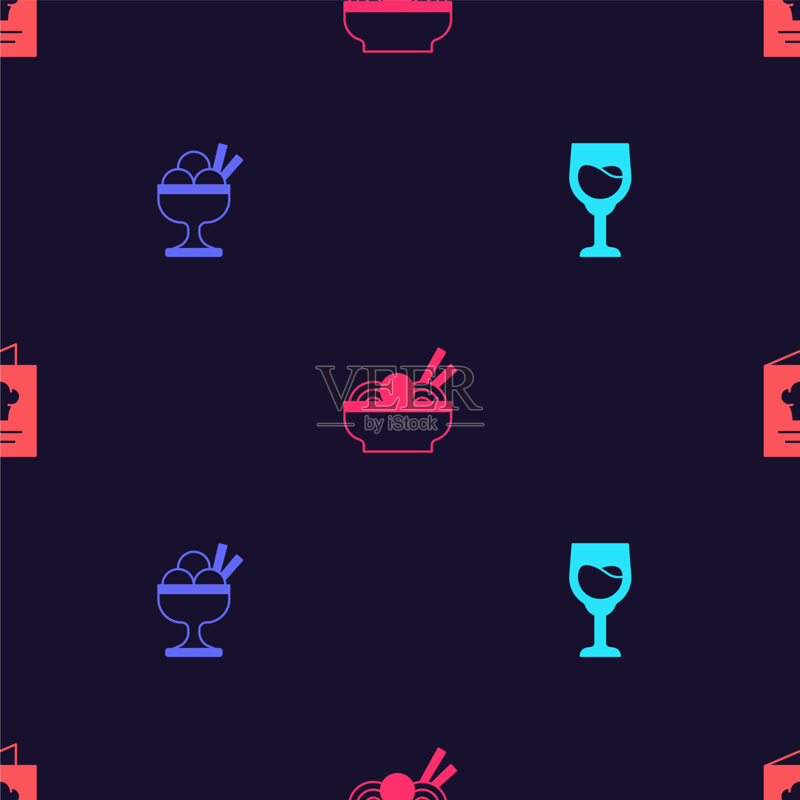 设红酒杯冰淇淋碗亚洲面条和图标素材