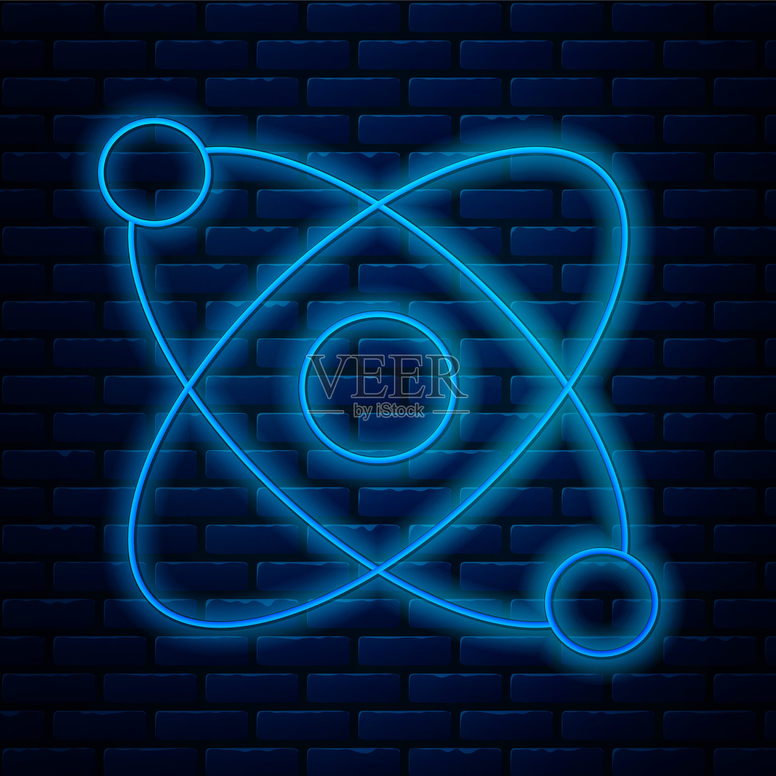 发光的霓虹线原子图标孤立在砖墙的背景。象征科学、教育、核物理、科学研究。向量插画图片素材