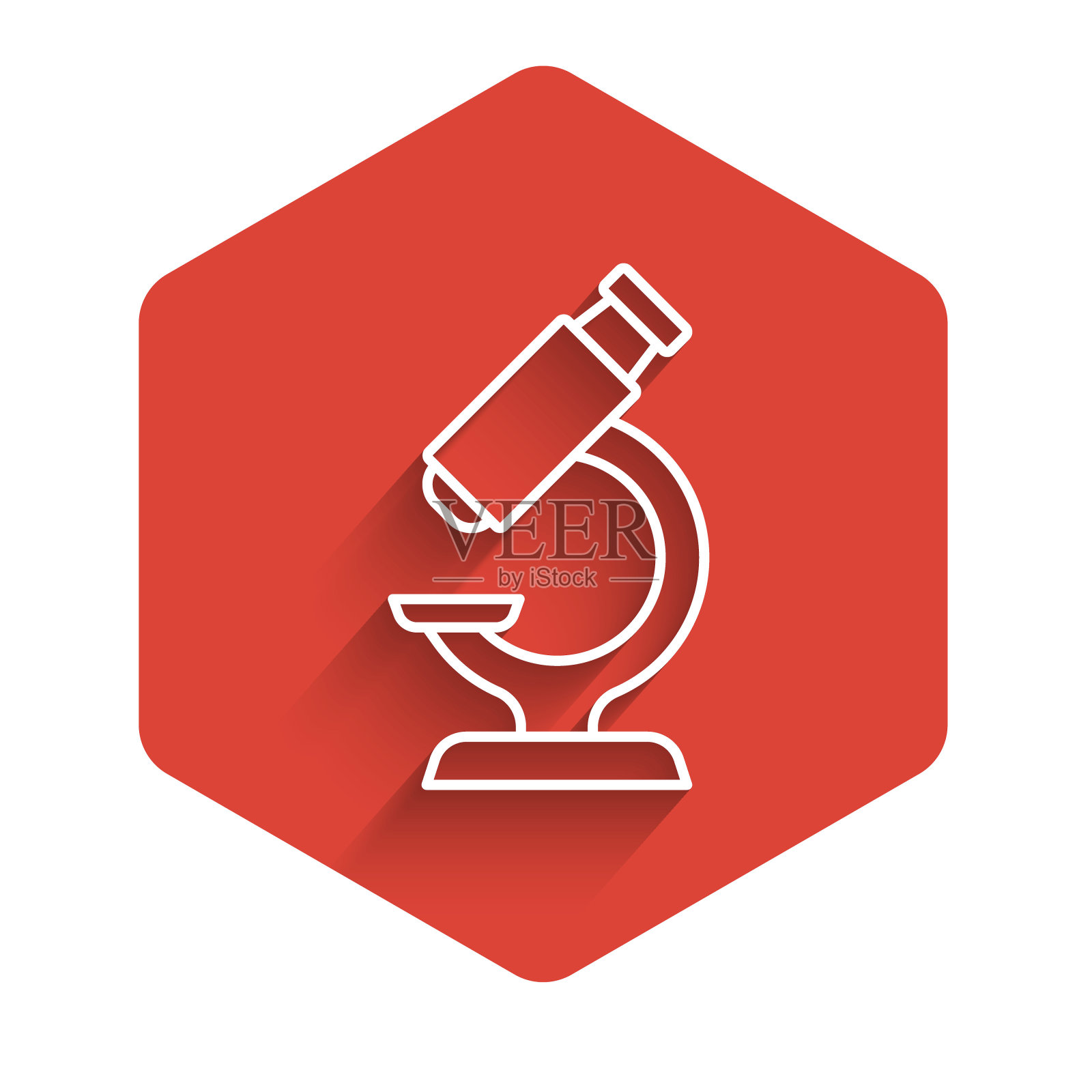 白色线显微镜图标孤立与长阴影背景。化学、制药仪器、微生物放大工具。红色的六角按钮。向量插画图片素材