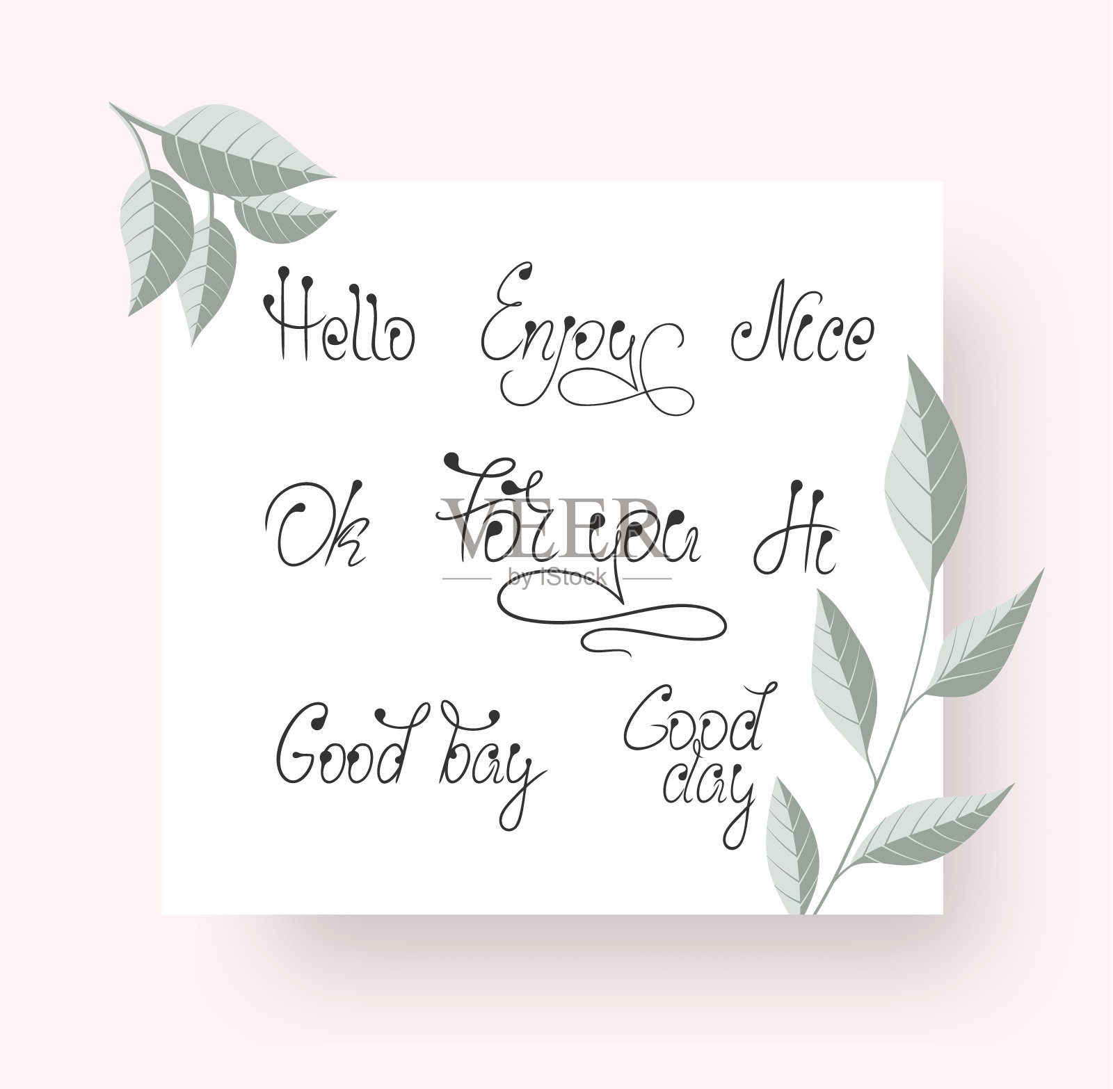 矢量书法字母模板的信息与表现在粉红色的背景与树叶和树枝插画图片素材