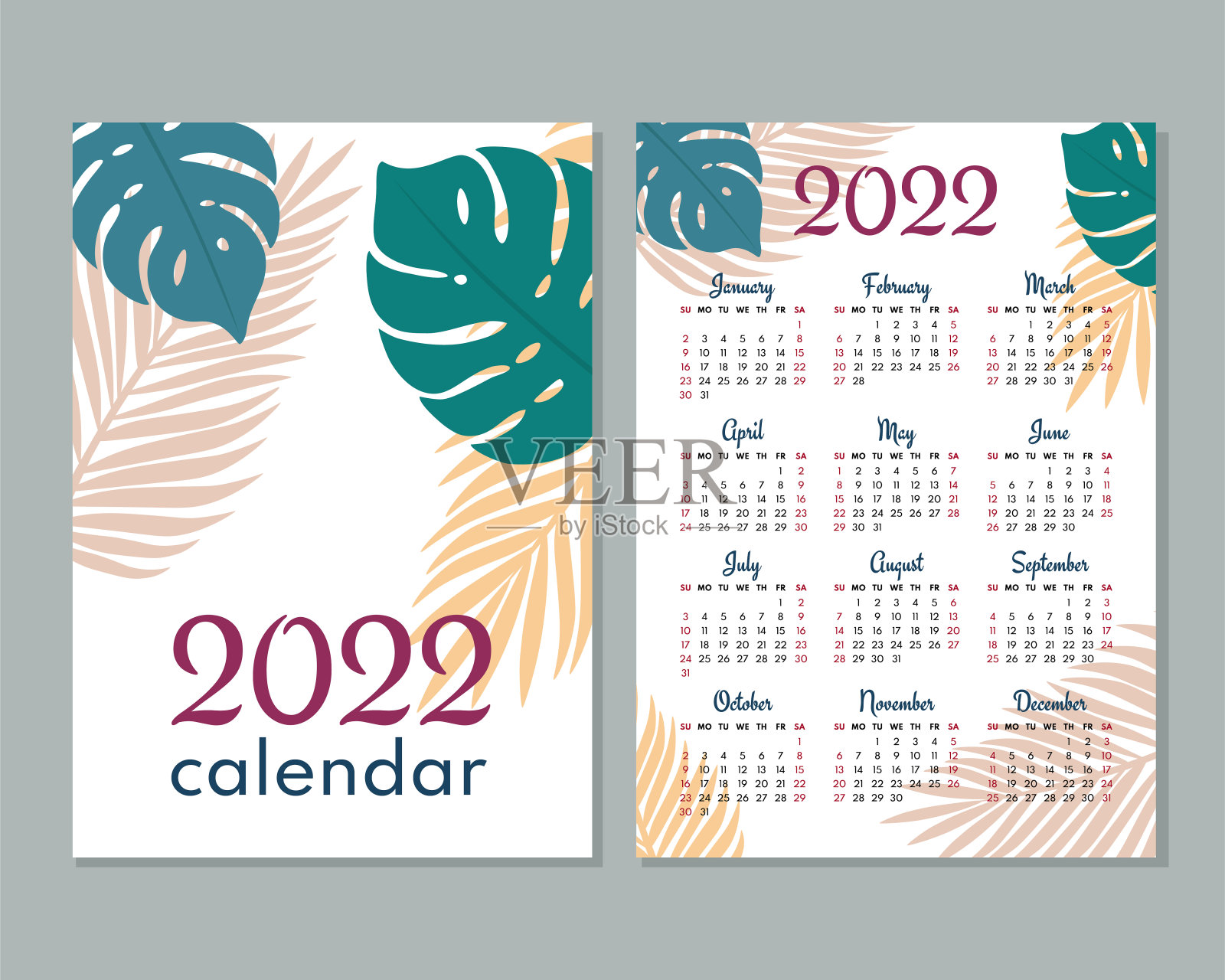 2022年日历模板。日历概念设计与树叶。一周从周日开始。矢量插图。设计模板素材
