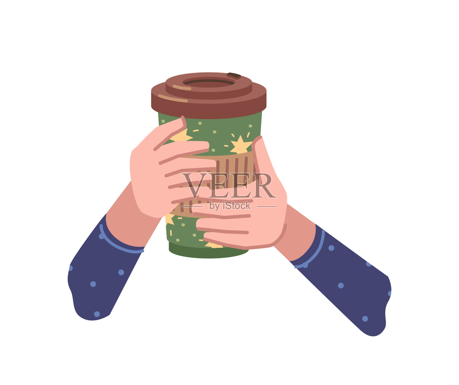 带走咖啡，将热饮倒入纸杯或塑料杯中。单独的手拿着美味的饮料盖，巧克力或卡布奇诺，美式咖啡或浓缩咖啡。矢量在平面卡通风格插画图片素材