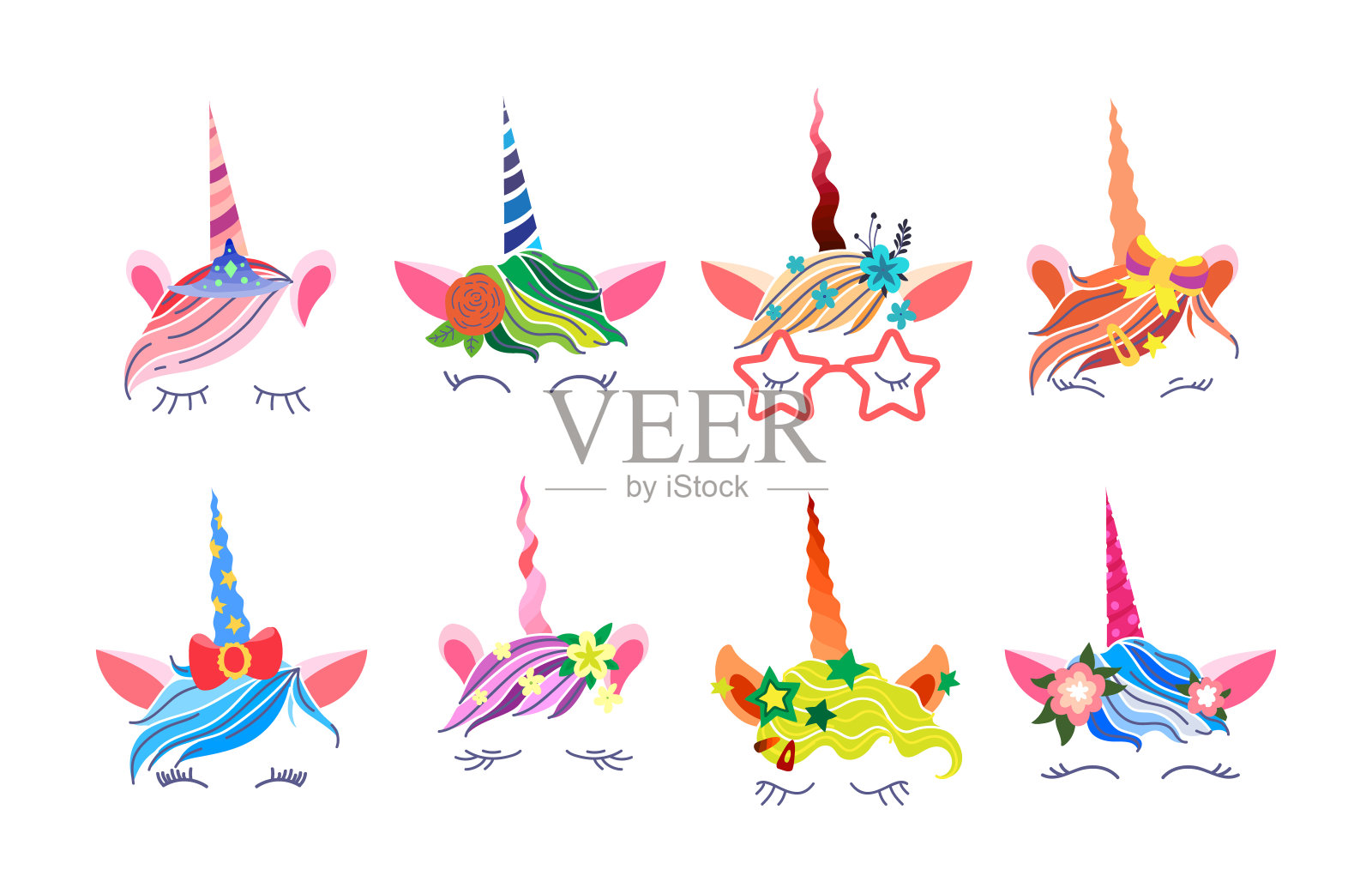 独角兽的脸。可爱有趣的独角兽头，花，眼镜，蝴蝶结，美丽的睫毛。编织魔术喇叭小马。手绘彩色儿童平面矢量集插画图片素材