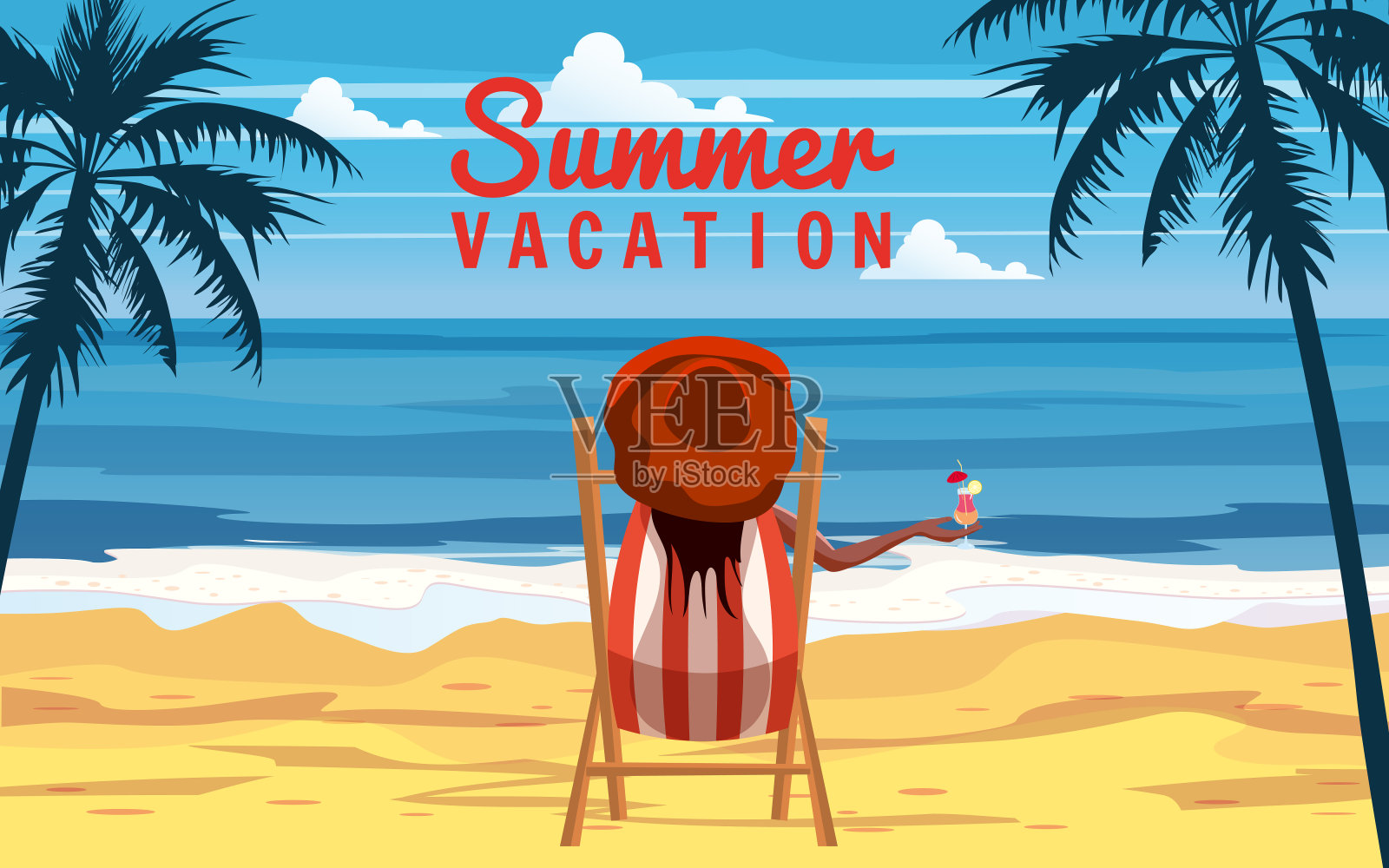 戴着红帽子的女人躺在甲板上的椅子上，手里拿着鸡尾酒，度假热带海岸。异国情调的海，海边的沙滩，棕榈树。矢量插图复古海报插画图片素材