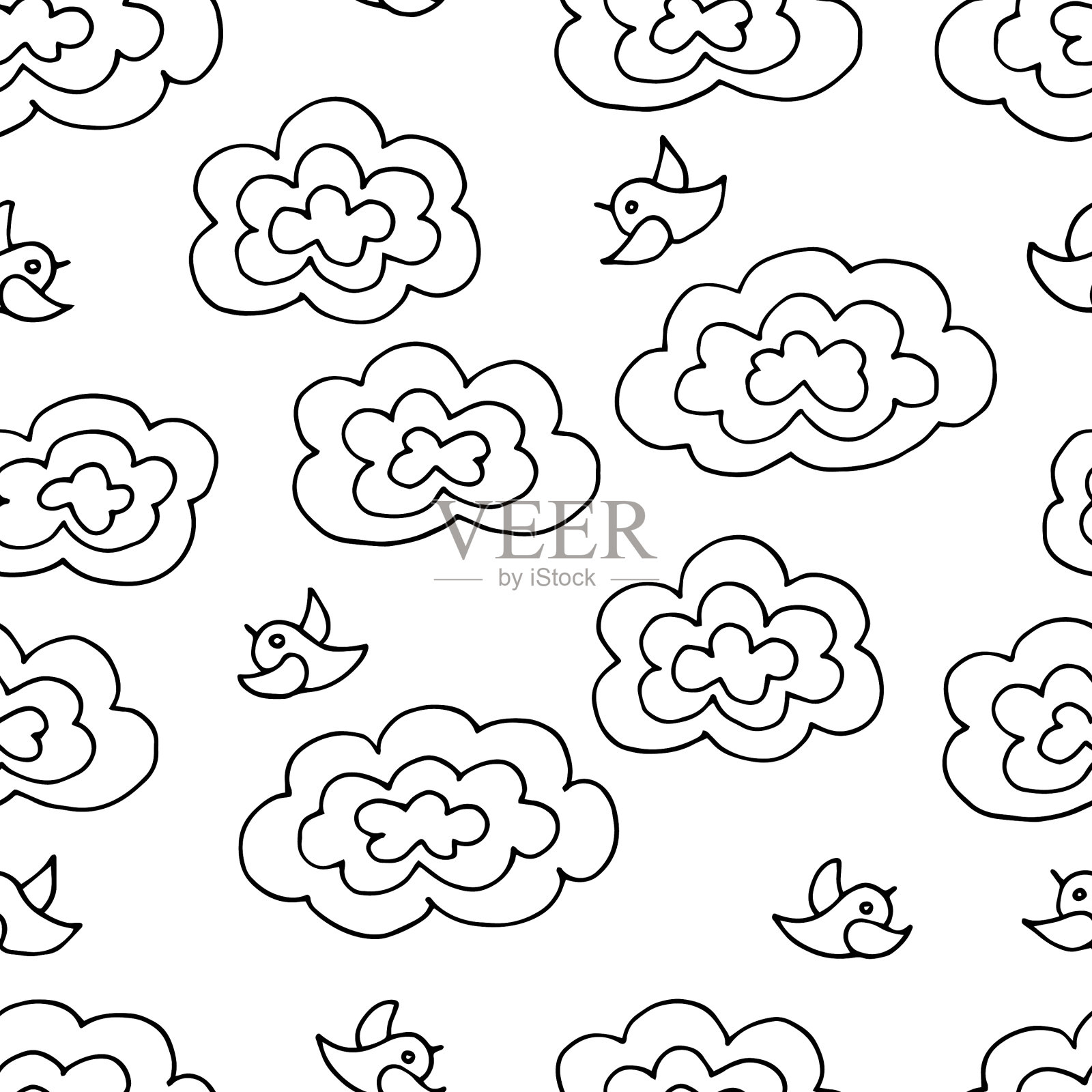 无缝的图案着色与云彩和鸟类插画图片素材