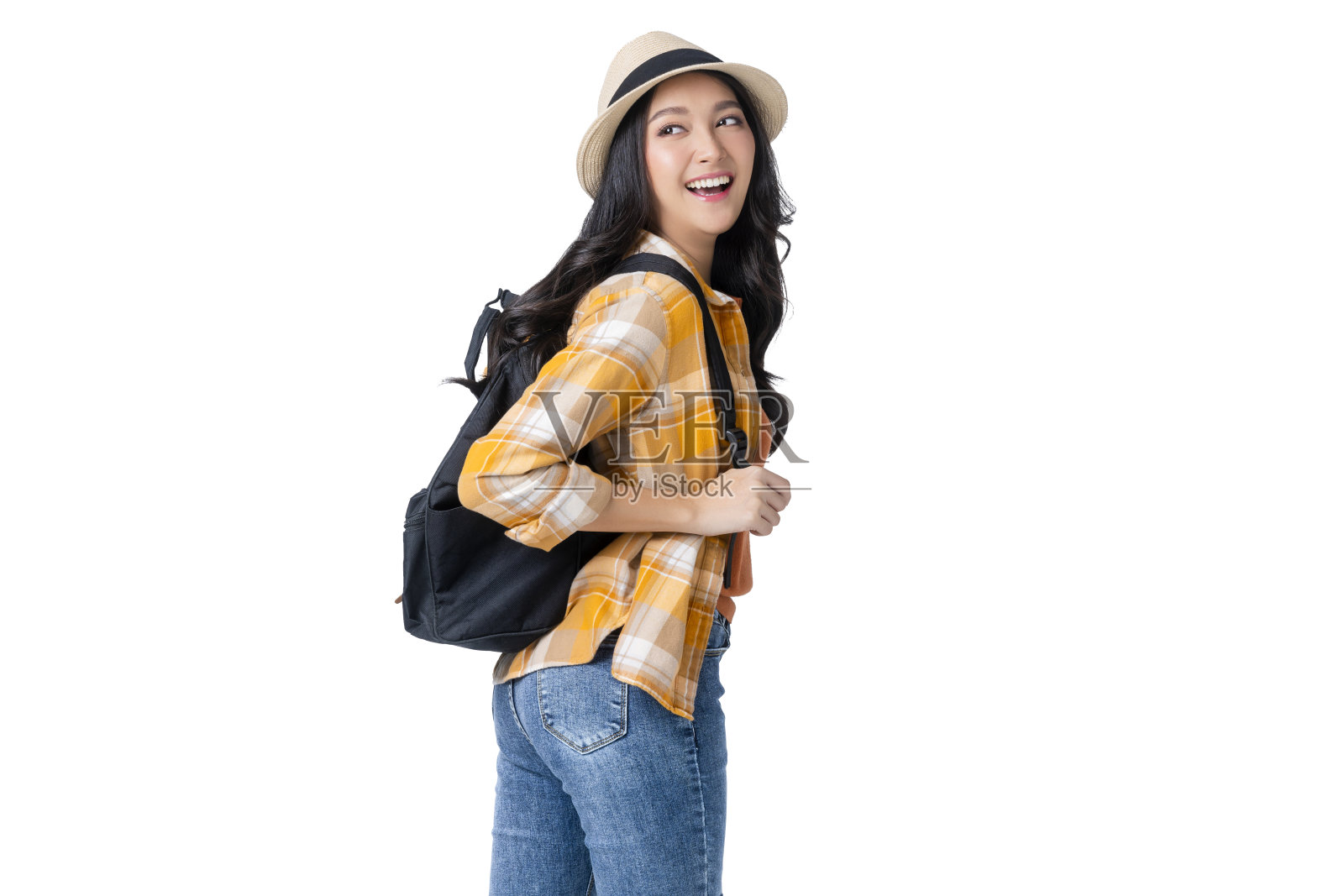 旅行者成年人有吸引力的开朗微笑的亚洲女性穿休闲服装与帽子和钱包准备在夏季假期旅行的想法概念孤立的白色背景照片摄影图片