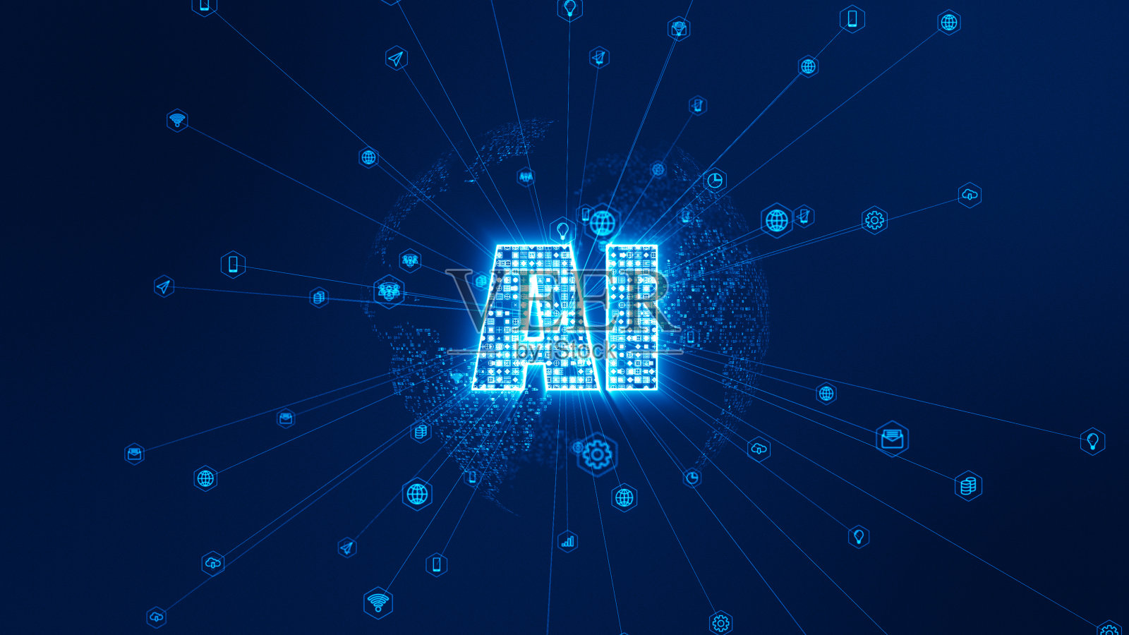 蓝色数字AI图标和地球球体与线连接和数据传输图标未来技术抽象背景照片摄影图片