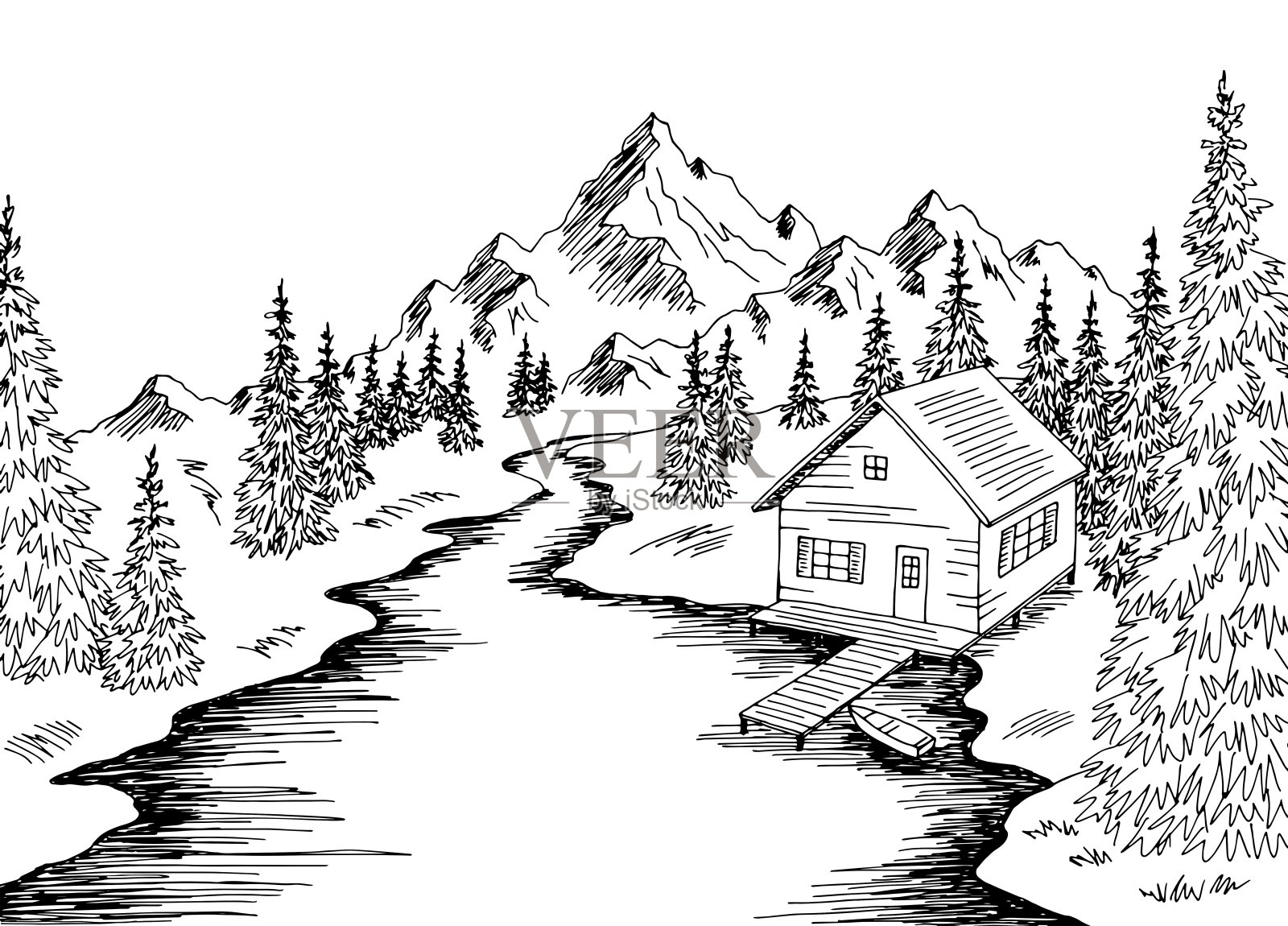 河流房子道路图形黑白景观素描插图矢量插画图片素材