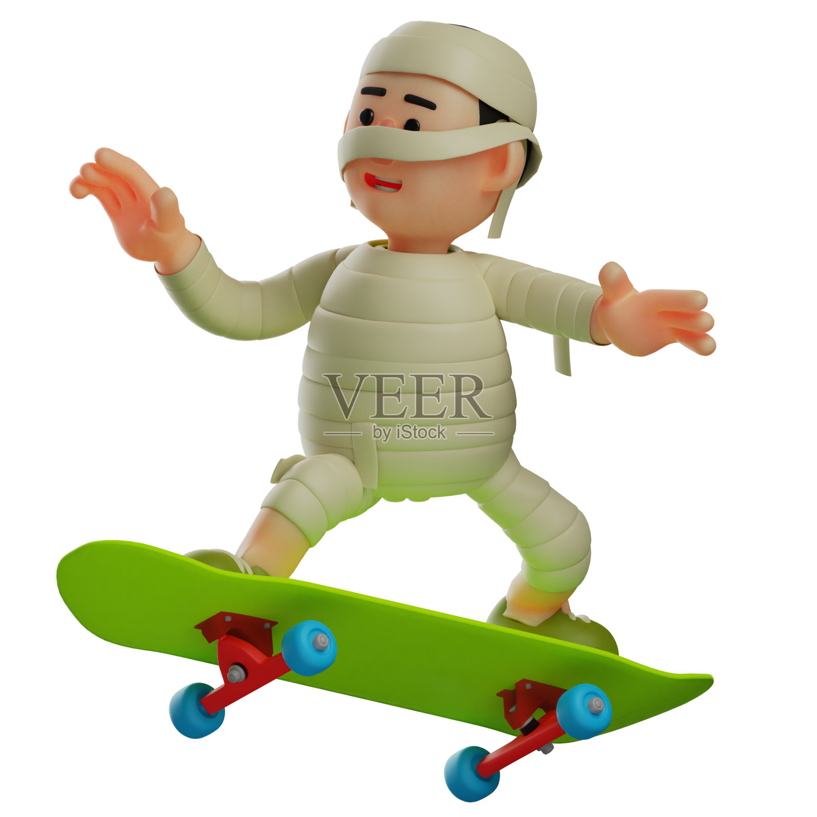 一个酷可爱的妈妈3D卡通骑着绿色滑板照片摄影图片