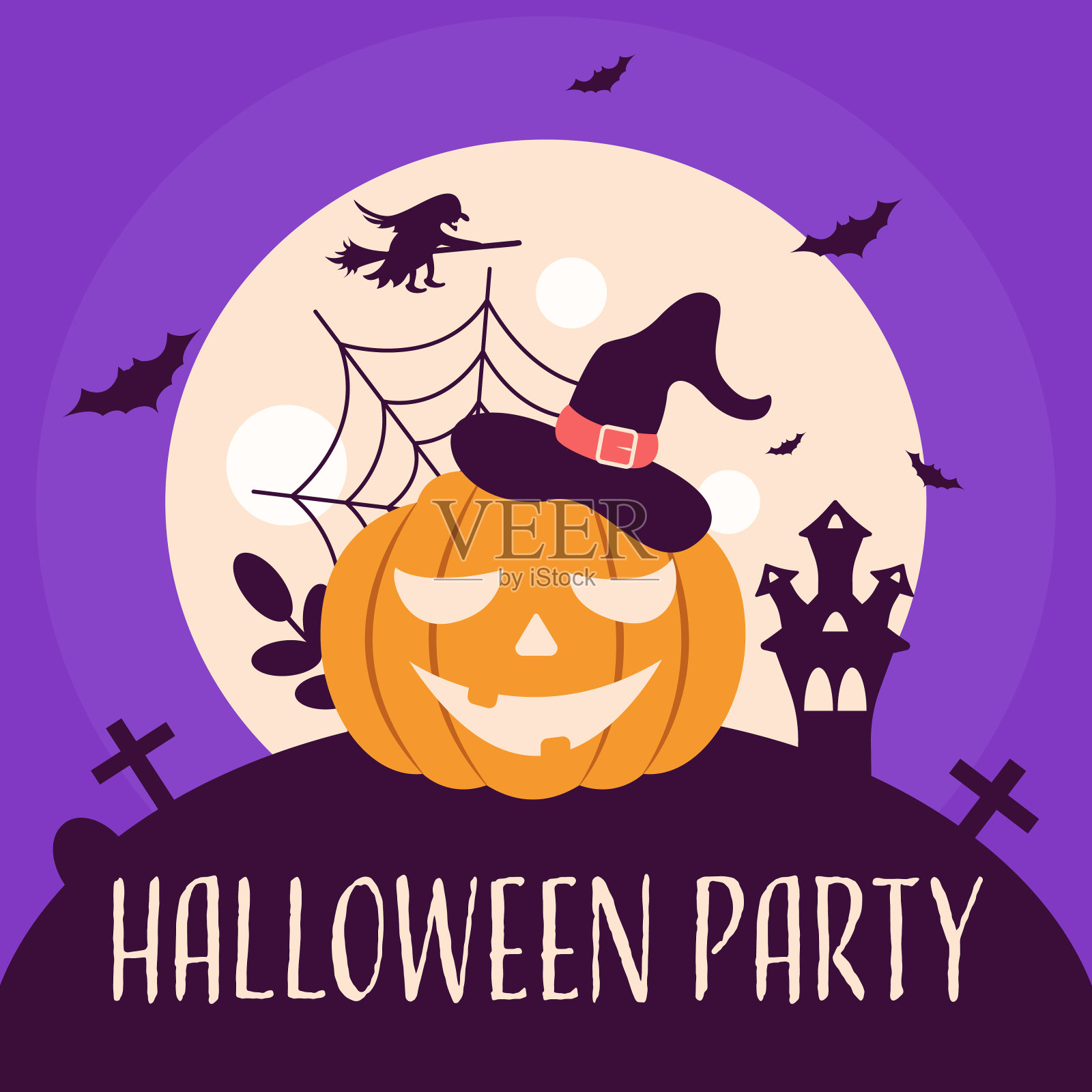 月亮背景下戴着帽子的南瓜。蝙蝠，女巫，蜘蛛网和城堡。矢量平面插图万圣节。理想的明信片，传单，海报插画图片素材
