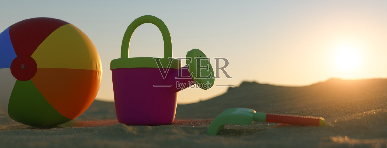 海滩玩具在夏季海滩3d渲染照片摄影图片