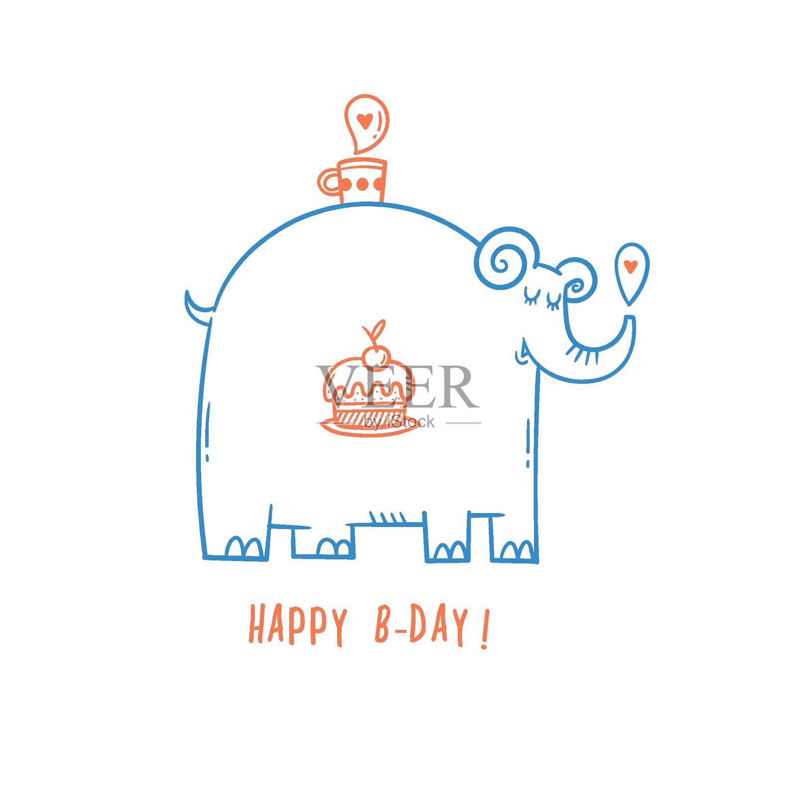 可爱的卡通大象生日卡片。向量涂鸦的海报。有趣的动物图案。Ð¡ake和礼物。插画图片素材