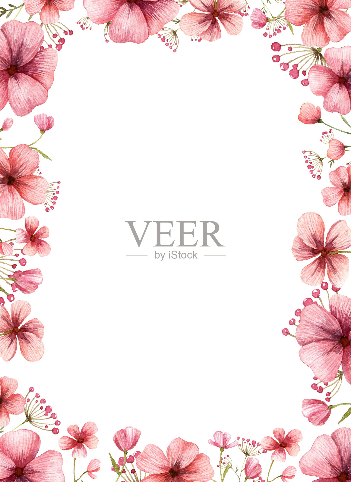 粉红色的花框架与复制空间在中间。贺卡设计信大小与花的边界。插画图片素材