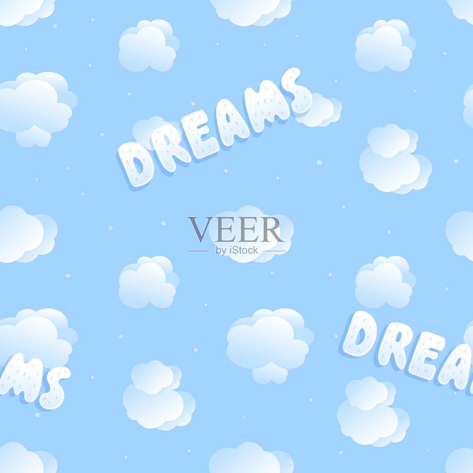 矢量无缝可爱模式。蓝色的天空，蓬松的云朵，手写的“梦想”字。插画图片素材