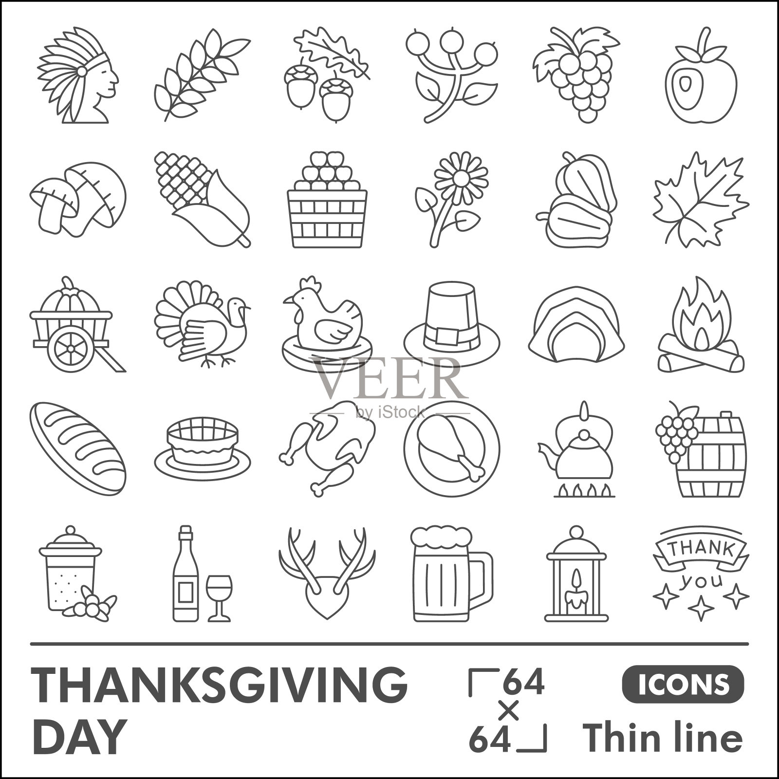 感恩节线图标设置，丰收庆典符号收集或素描。感恩细线线性风格标志web和应用程序。矢量图形孤立在白色背景。插画图片素材