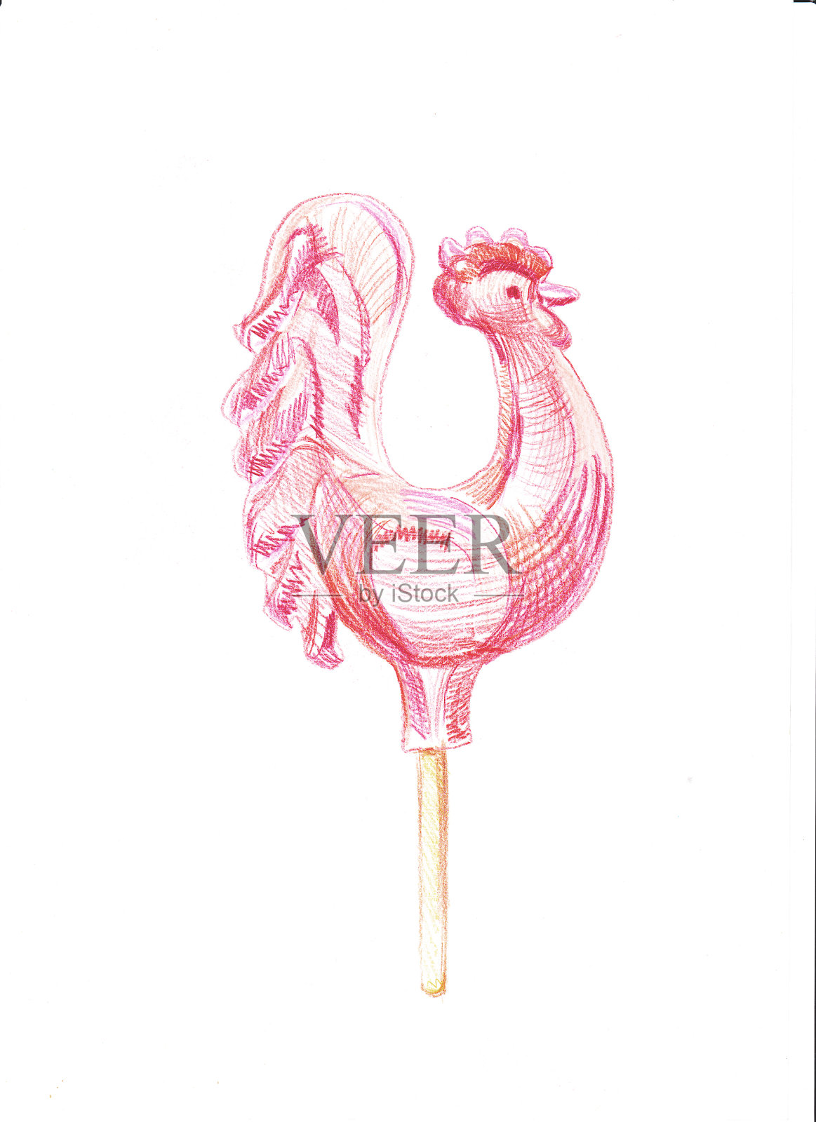 焦糖红公鸡的彩色铅笔画，在白色的背景上用红粉色的阴影孤立的笔画。插画图片素材