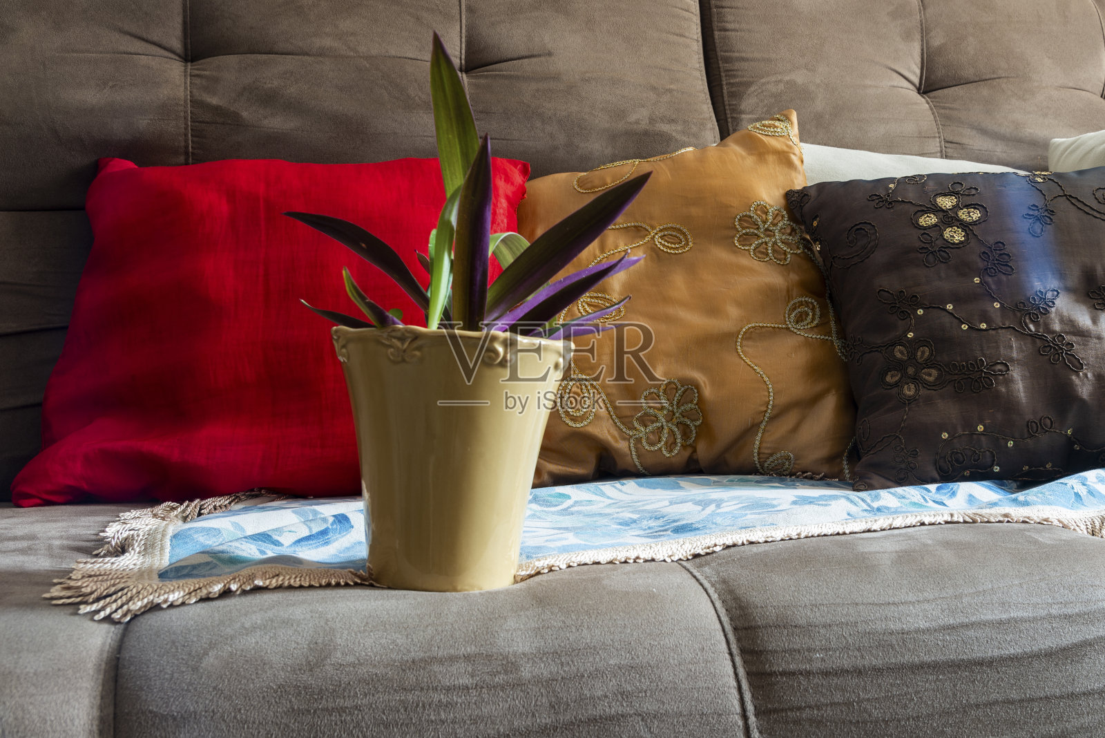 把花盆和枕头放在沙发上。照片摄影图片