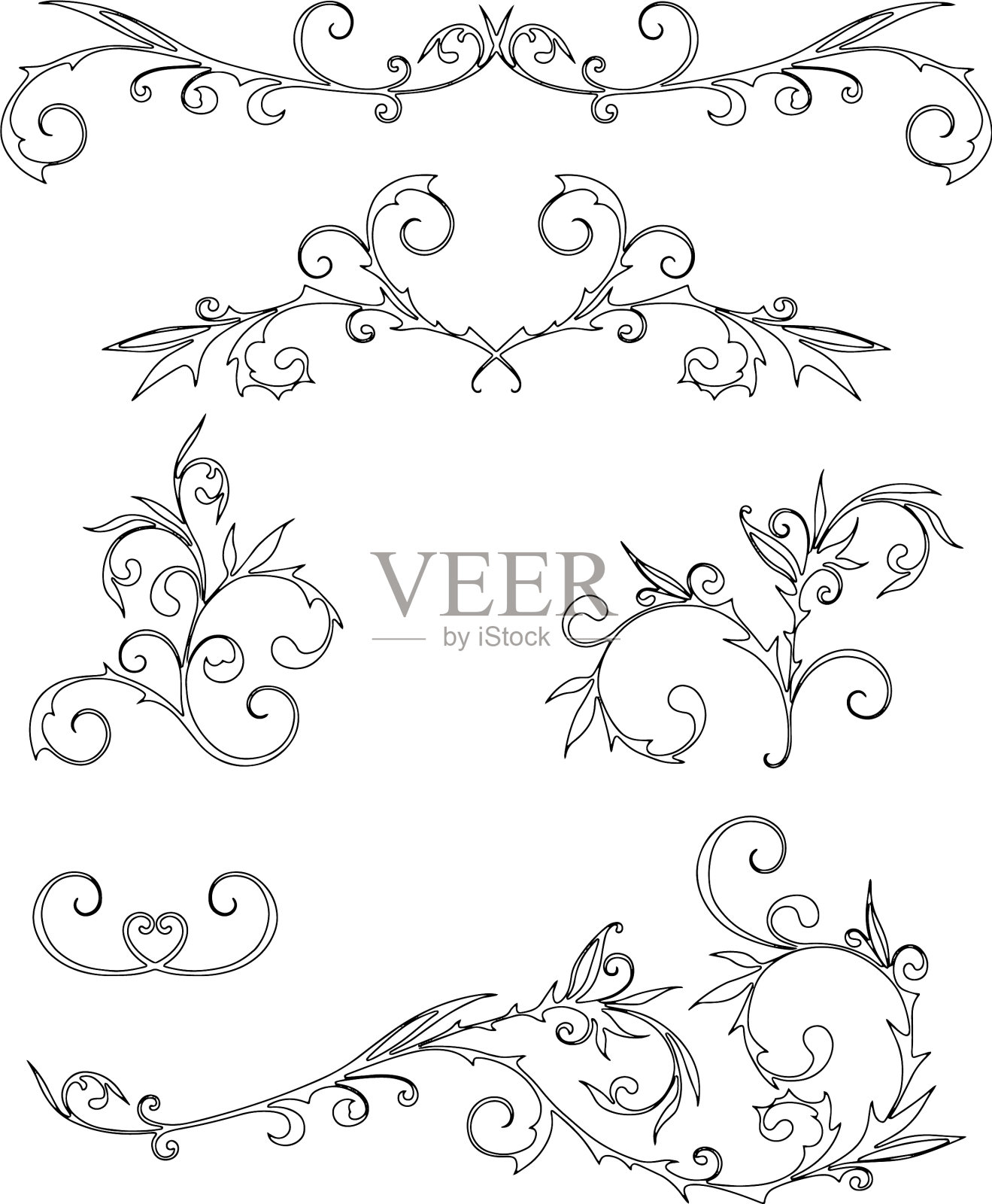 轮廓图纸复古花卉设计元素插画图片素材