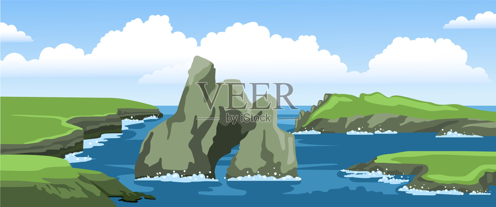 海洋景观与悬崖岩石海岸海插画图片素材