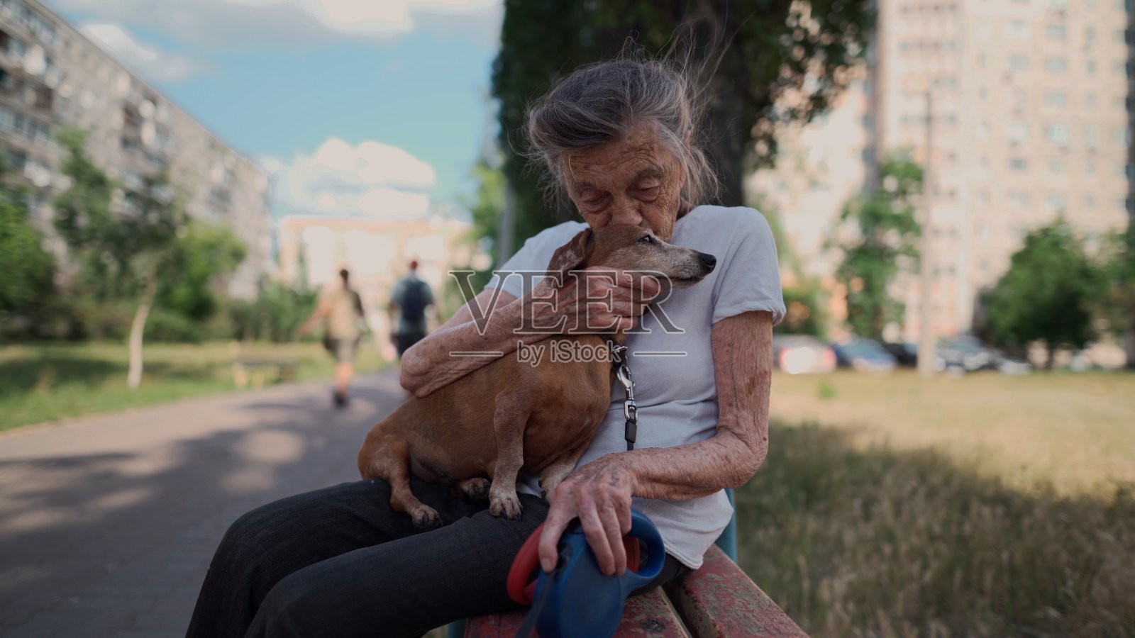 动物主题是一个孤独的老妇人最好的朋友。白种人90岁高龄女性很高兴花时间与她的宠物小腊肠狗，抱她在她的怀里，拥抱拥抱和亲吻户外照片摄影图片