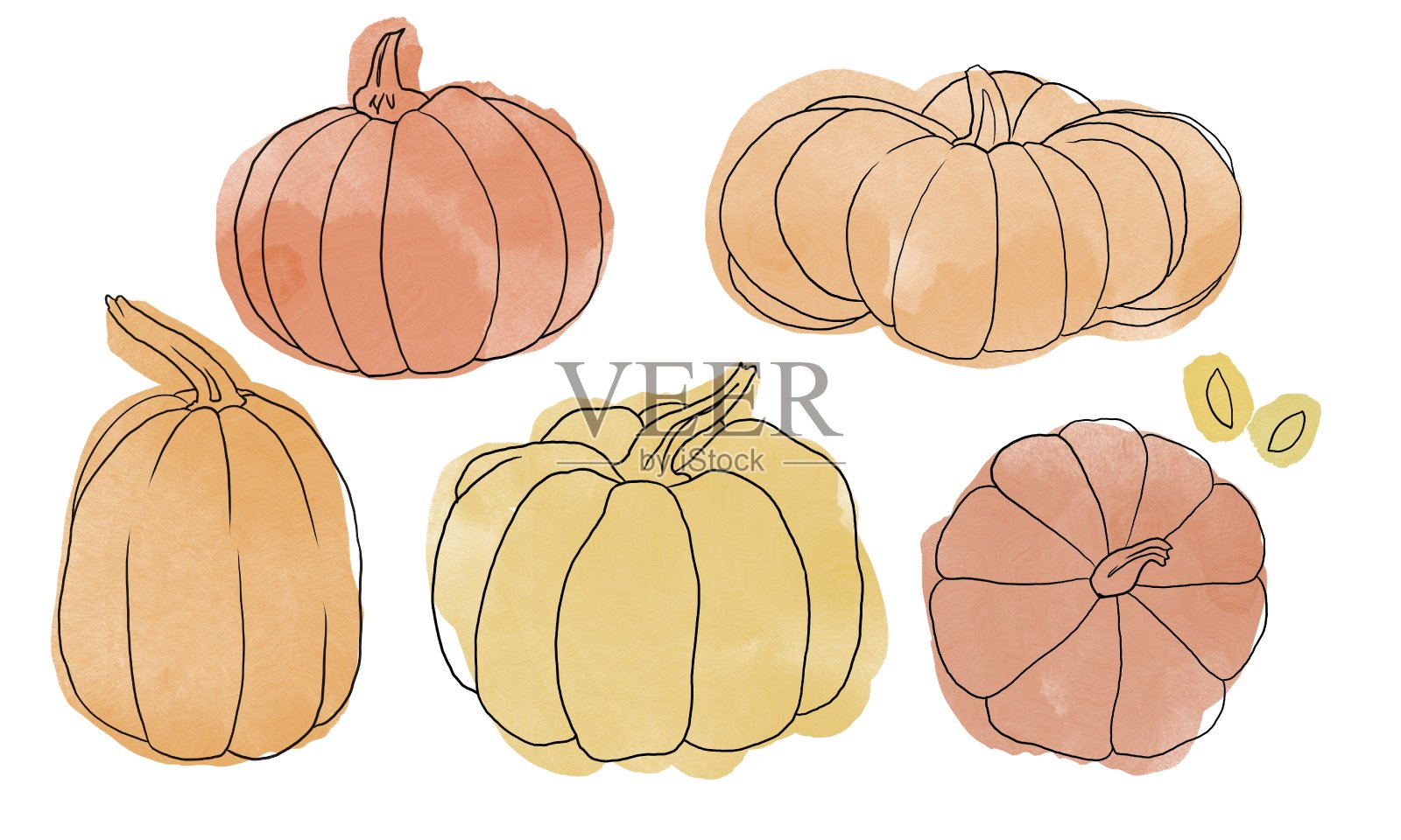 美丽的南瓜万圣节感恩节无缝图案，可爱的卡通南瓜手绘背景，非常适合季节性纺织品印花，节日横幅，背景或壁纸插画图片素材