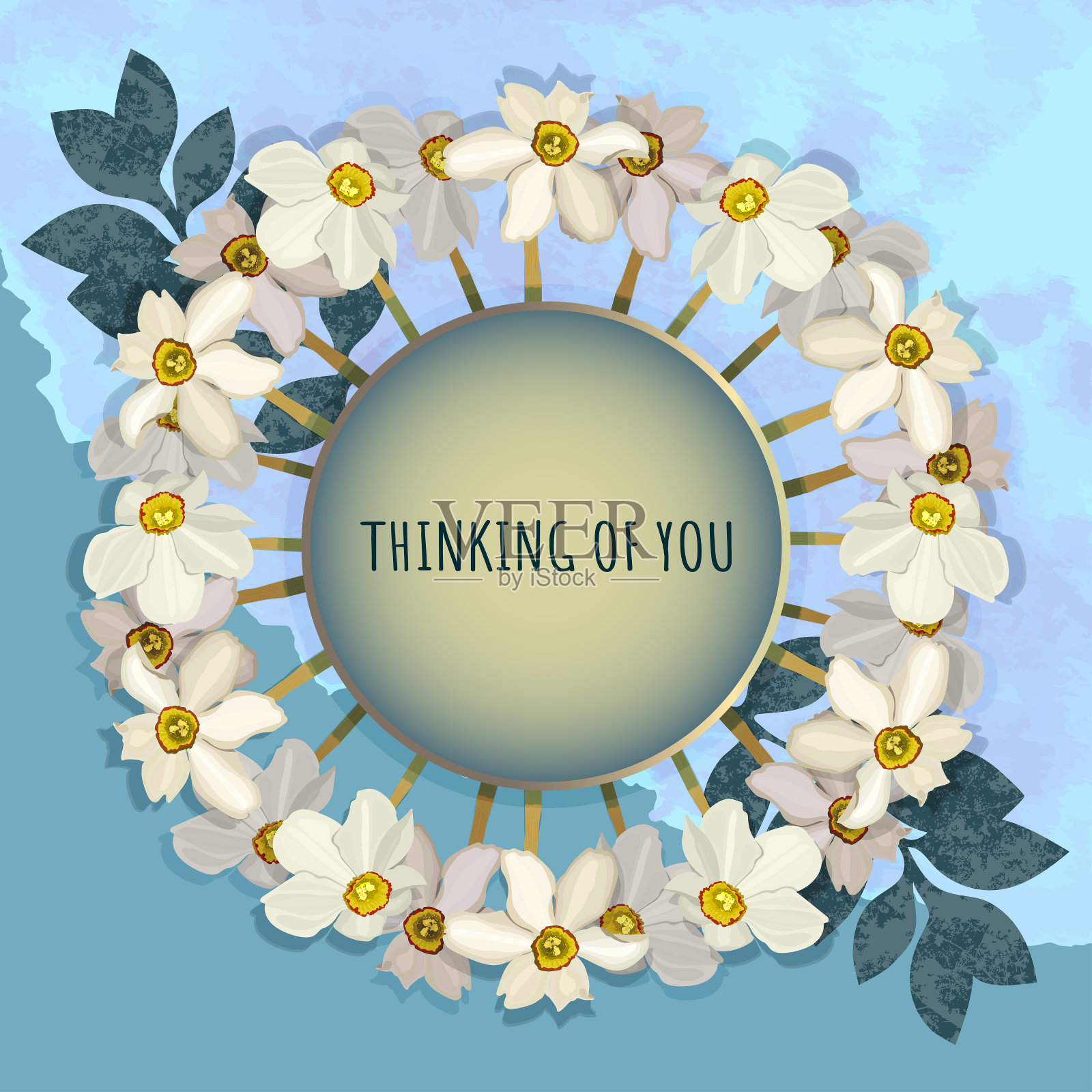 想你-卡片。花做的圆形框架。插画图片素材