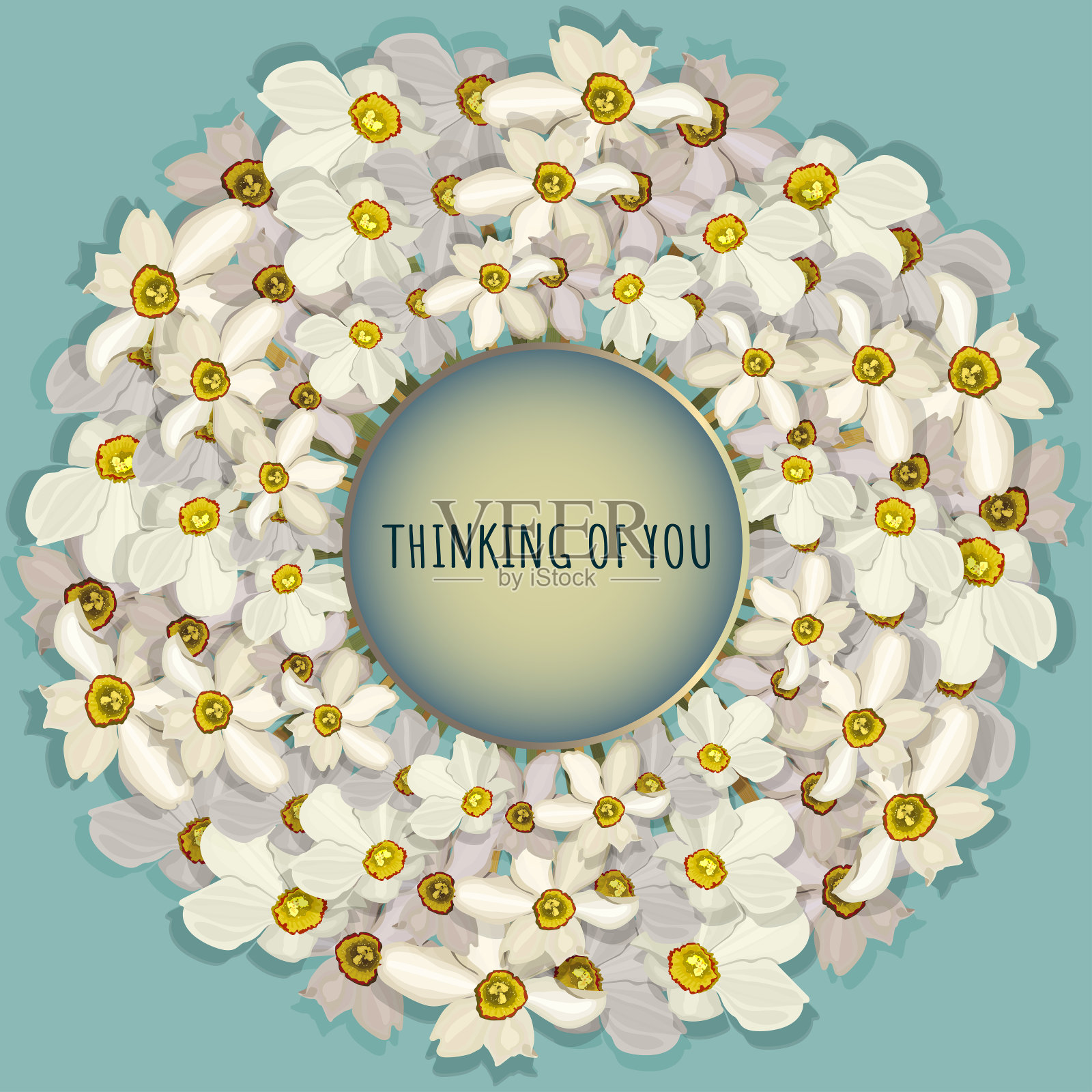 想你-卡片。花做的圆形框架。插画图片素材