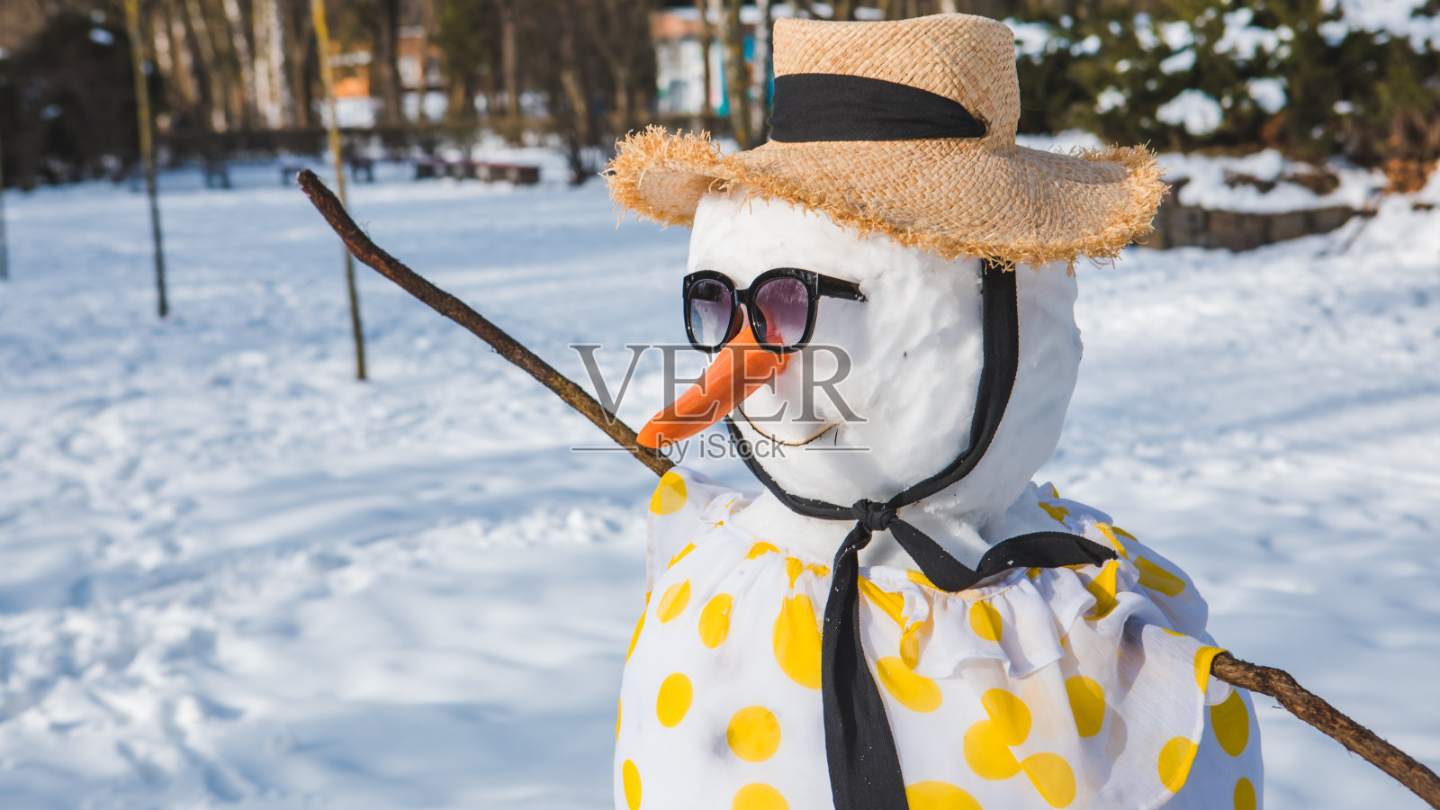 雪人带着旅行箱准备去热带国家旅行照片摄影图片