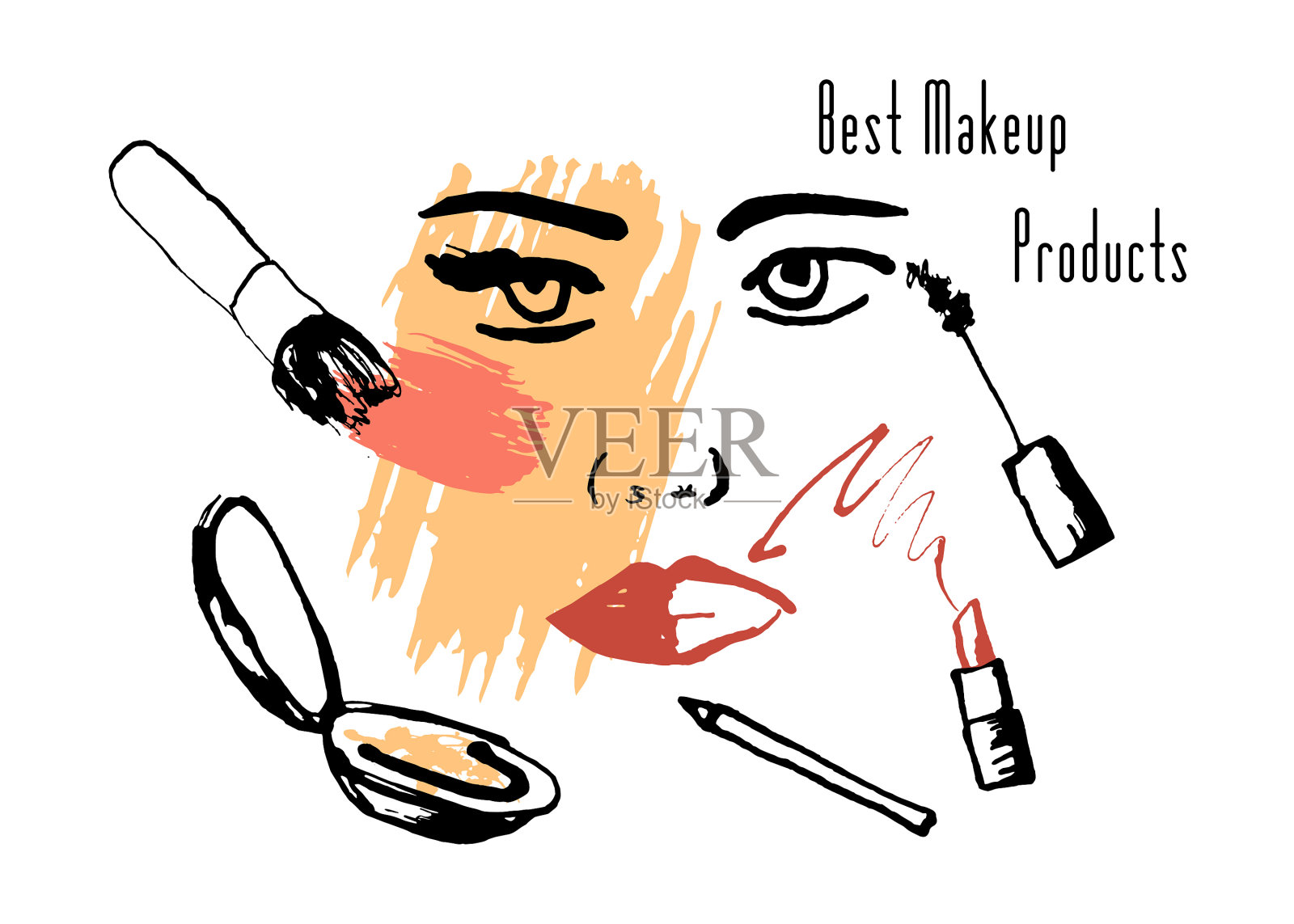 女人的脸在化妆刷和化妆品中插画图片素材