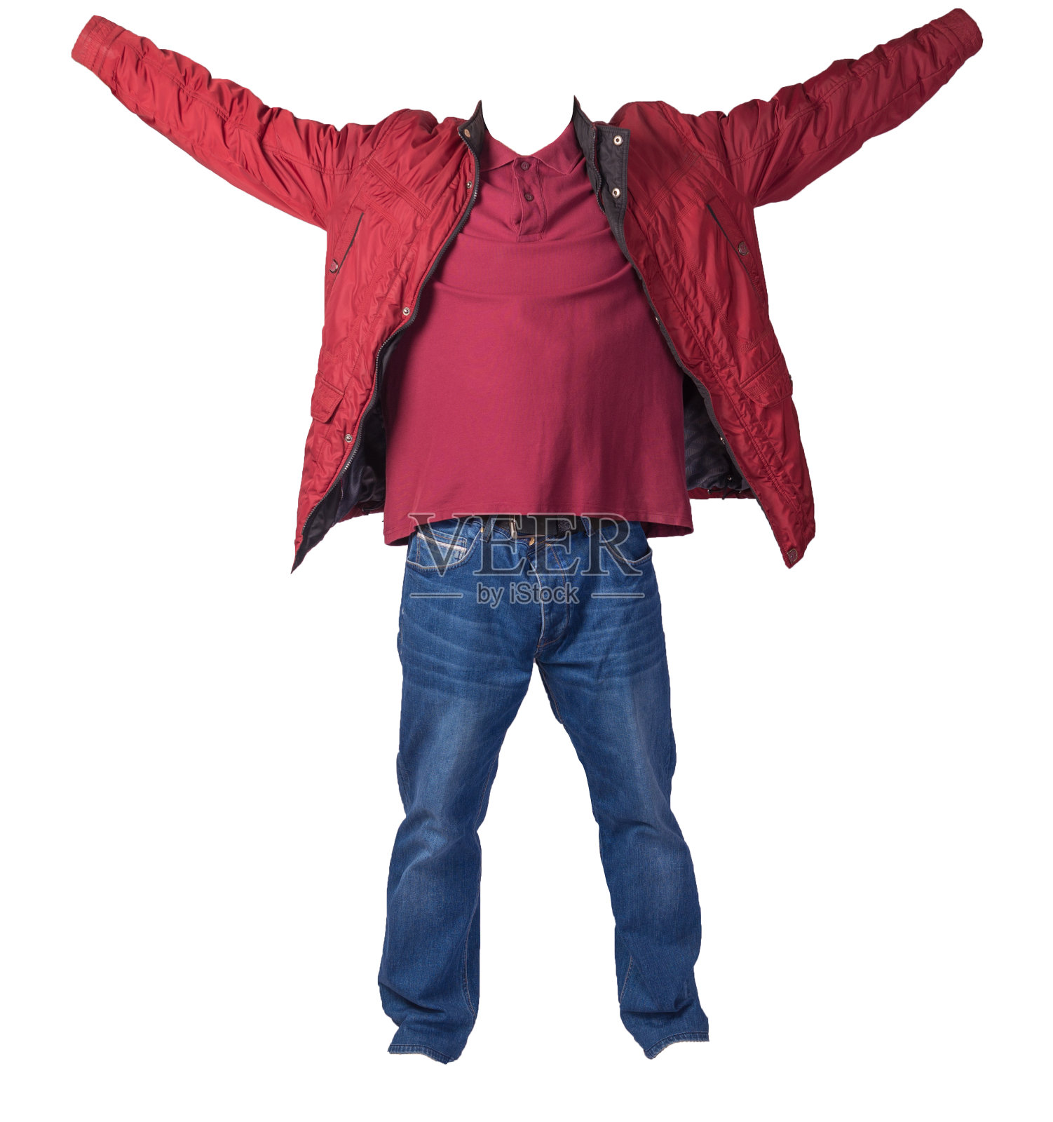 夹克，衬衫和蓝色牛仔裤孤立在白色背景。休闲时尚服装照片摄影图片